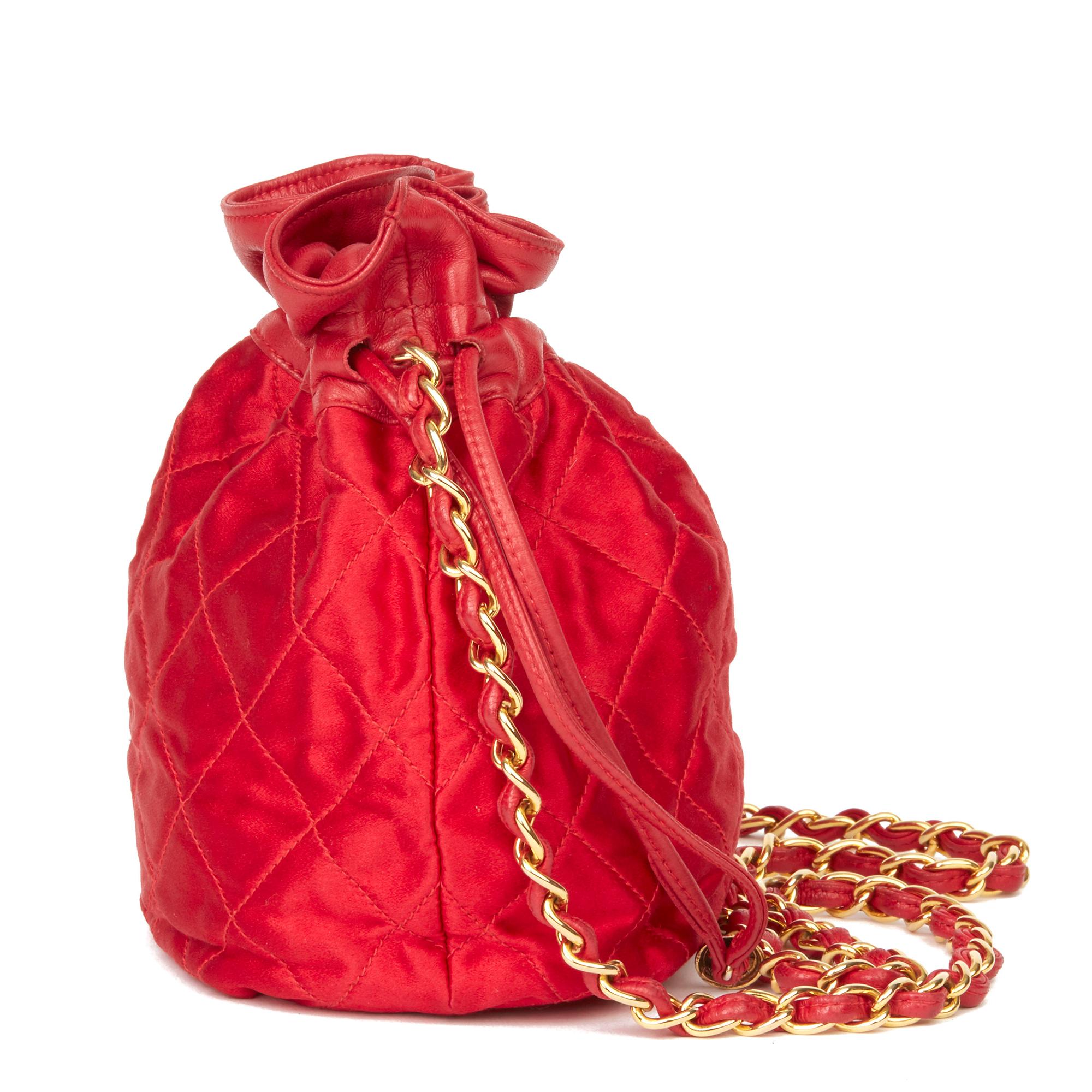 1988 Chanel Red Quilted Satin & Lambskin Vintage Timeless Bucket Bag  In Excellent Condition In Bishop's Stortford, Hertfordshire