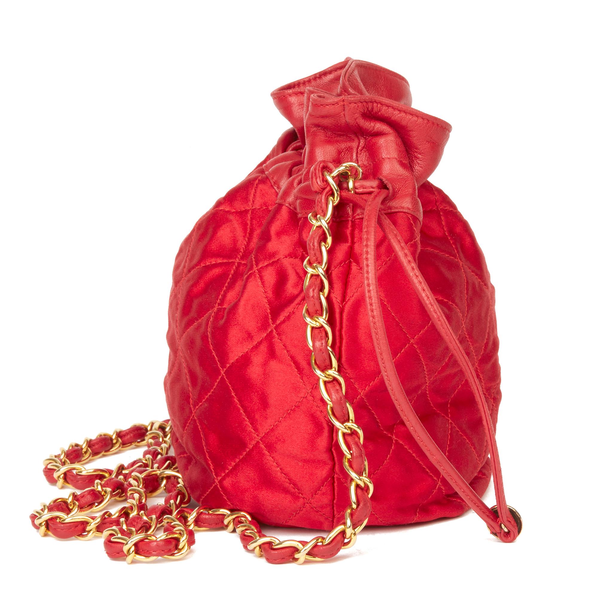 Women's 1988 Chanel Red Quilted Satin & Lambskin Vintage Timeless Bucket Bag 