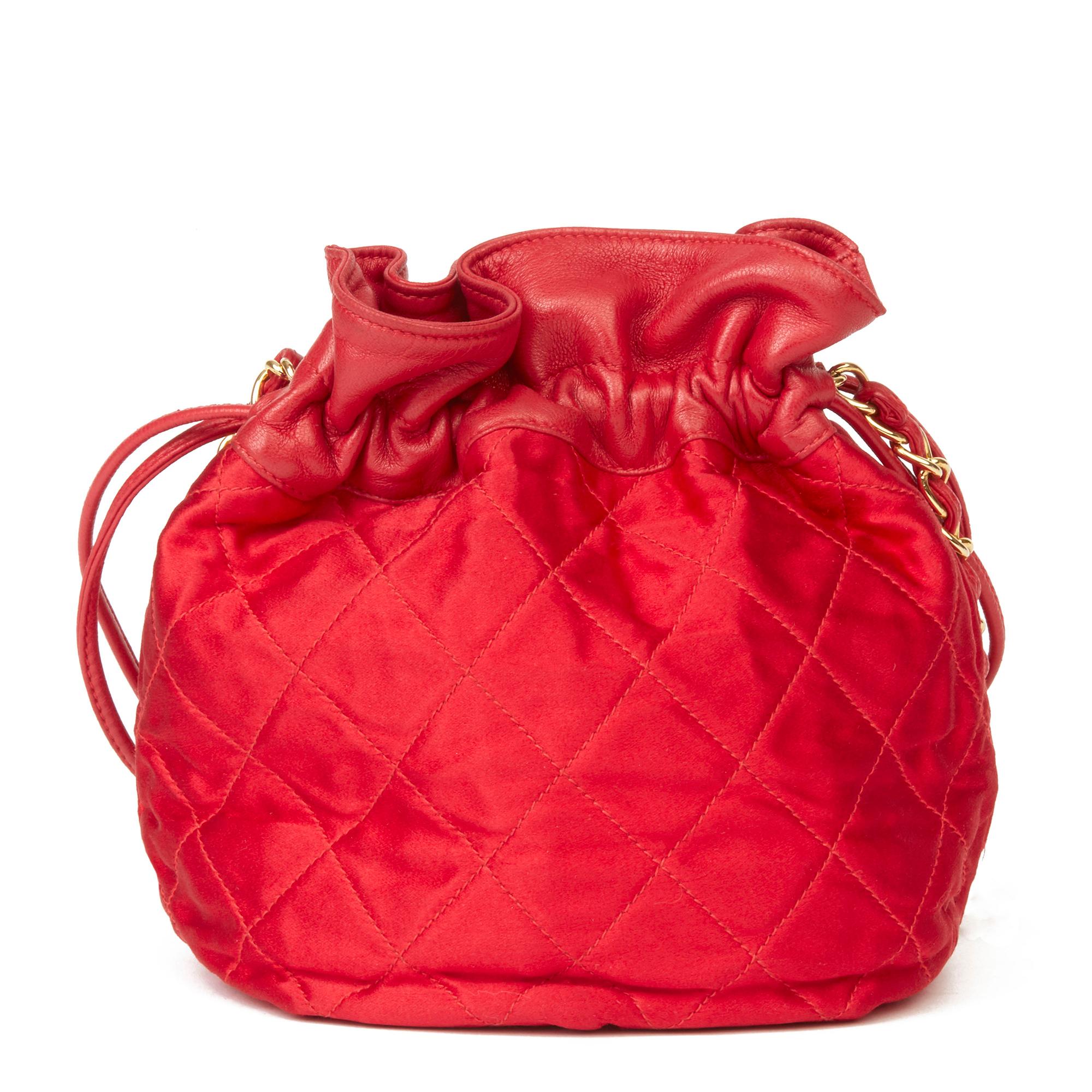 1988 Chanel Red Quilted Satin & Lambskin Vintage Timeless Bucket Bag  1