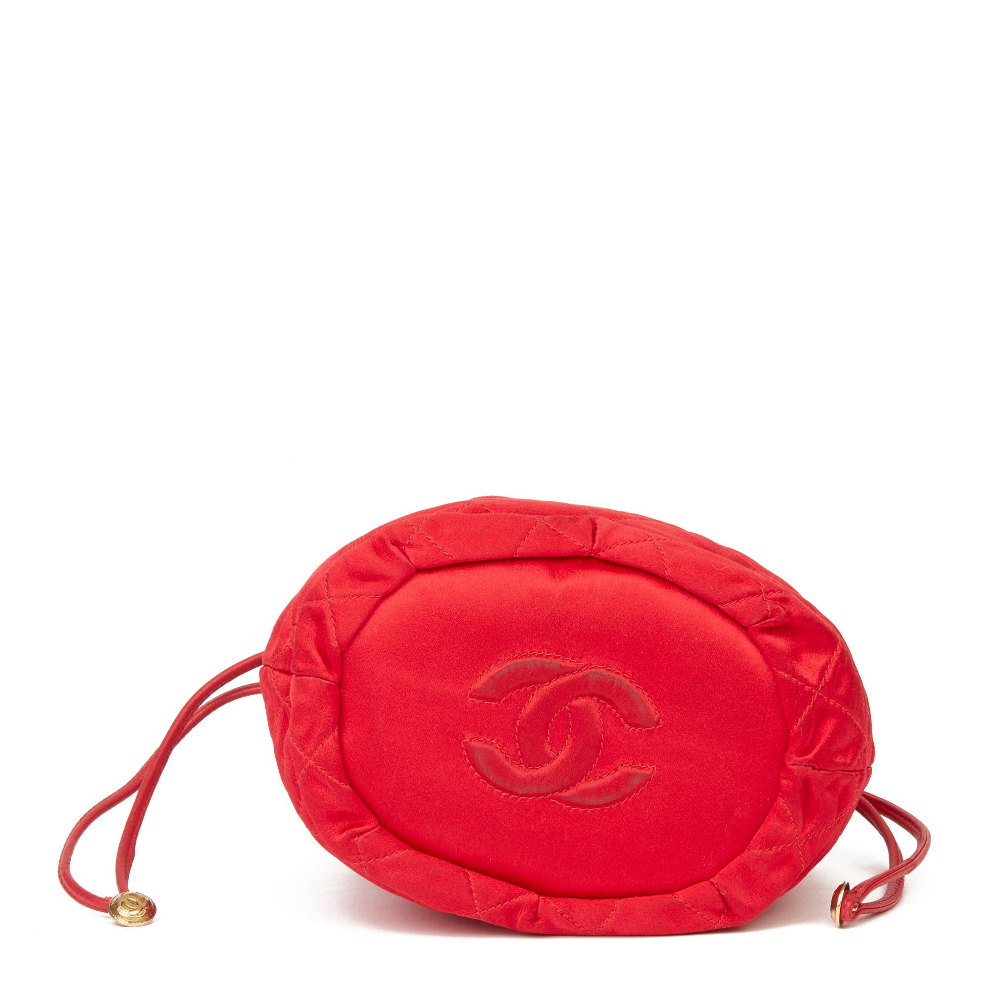 1988 Chanel Red Quilted Satin & Lambskin Vintage Timeless Bucket Bag  2