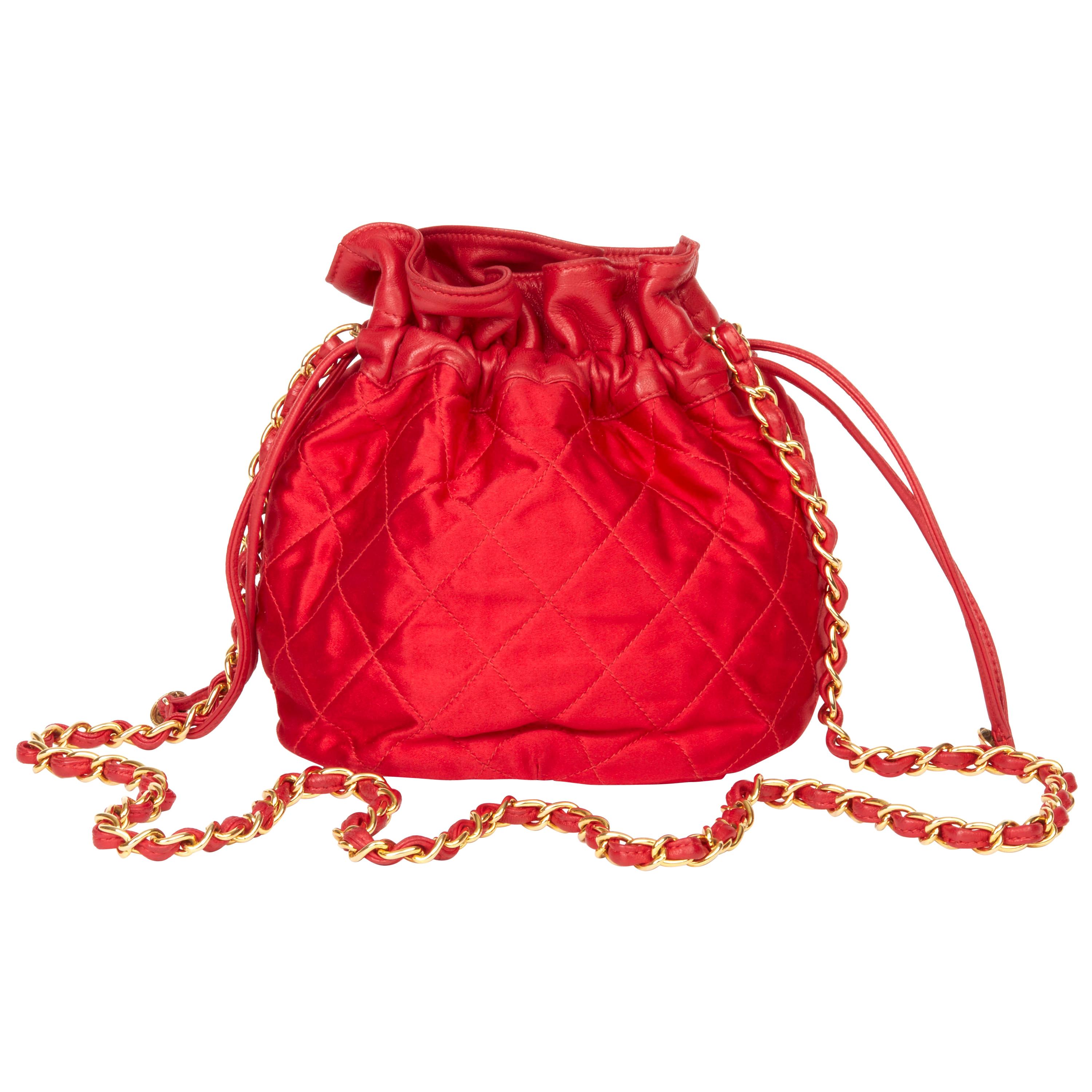 1988 Chanel Red Quilted Satin & Lambskin Vintage Timeless Bucket Bag 