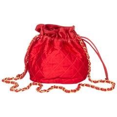 1988 Chanel Red Quilted Satin & Lambskin Vintage Timeless Bucket Bag 