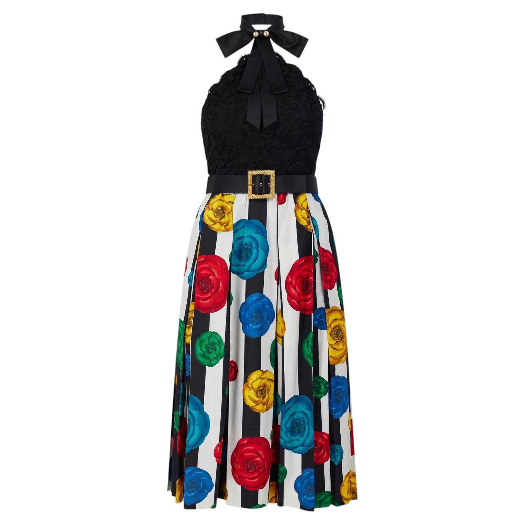 1988 Chanel Runway Documented Striped Camelia Print Midi Dress
