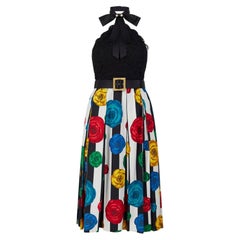 1988 Chanel Runway Documented Striped Camelia Print Midi Dress