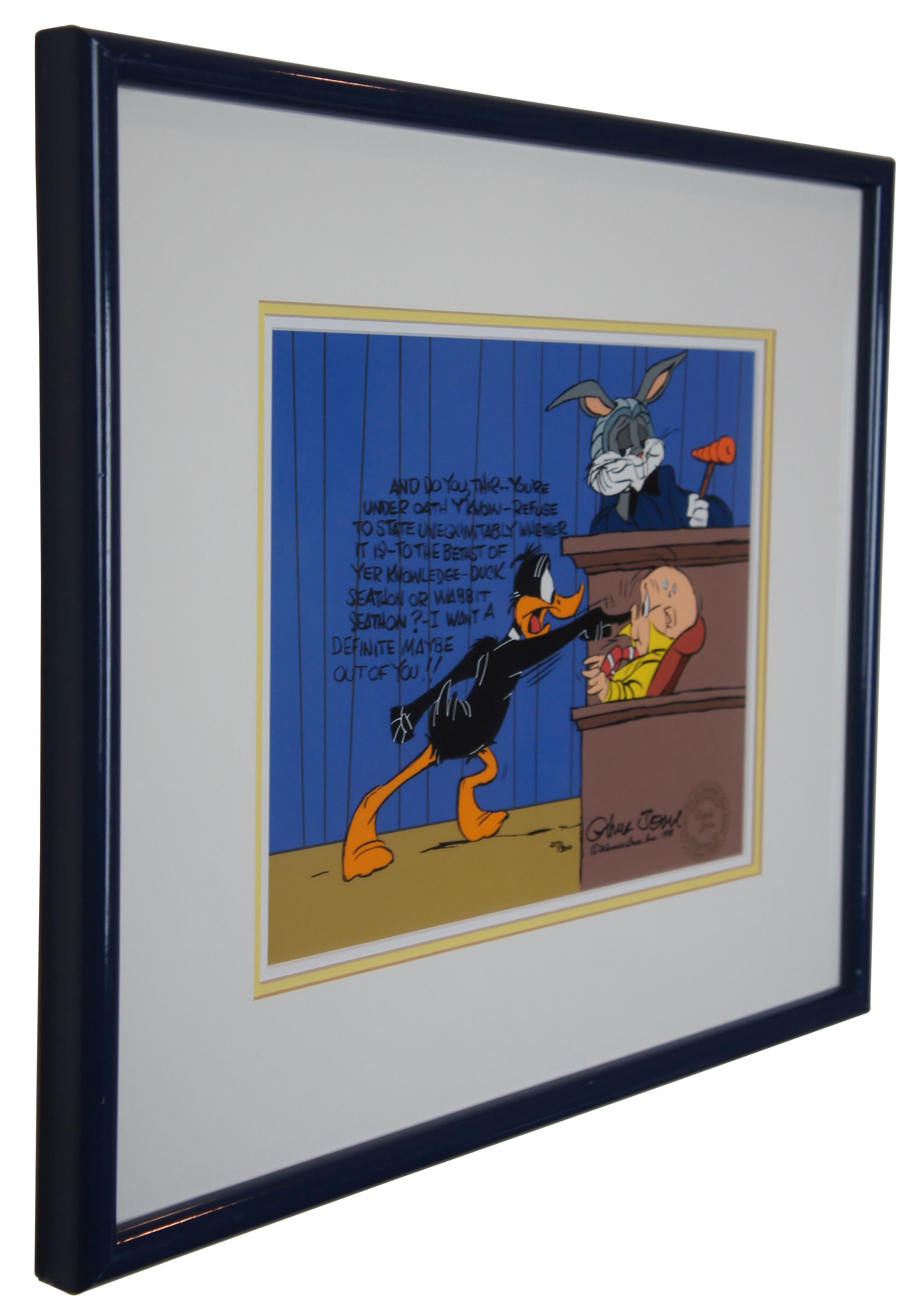Vintage framed 1988 limited edition hand painted Looney Tunes / Warner Bros / Disney animation cel signed by Chuck Jones, numbered 257/300, stamped as authenticated by Linda Jones Enterprises Inc. Features Bugs Bunny rabbit as a judge, presiding