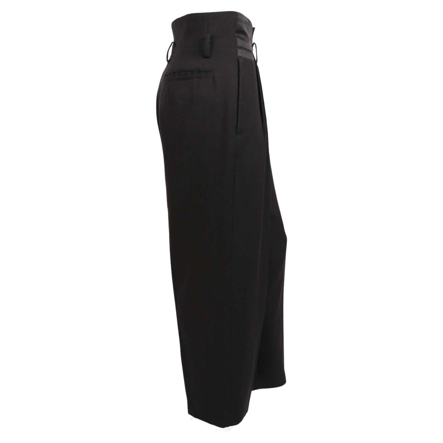 1988 COMME DES GARCONS pleated black wool pants with silk satin waistband In Good Condition In San Fransisco, CA