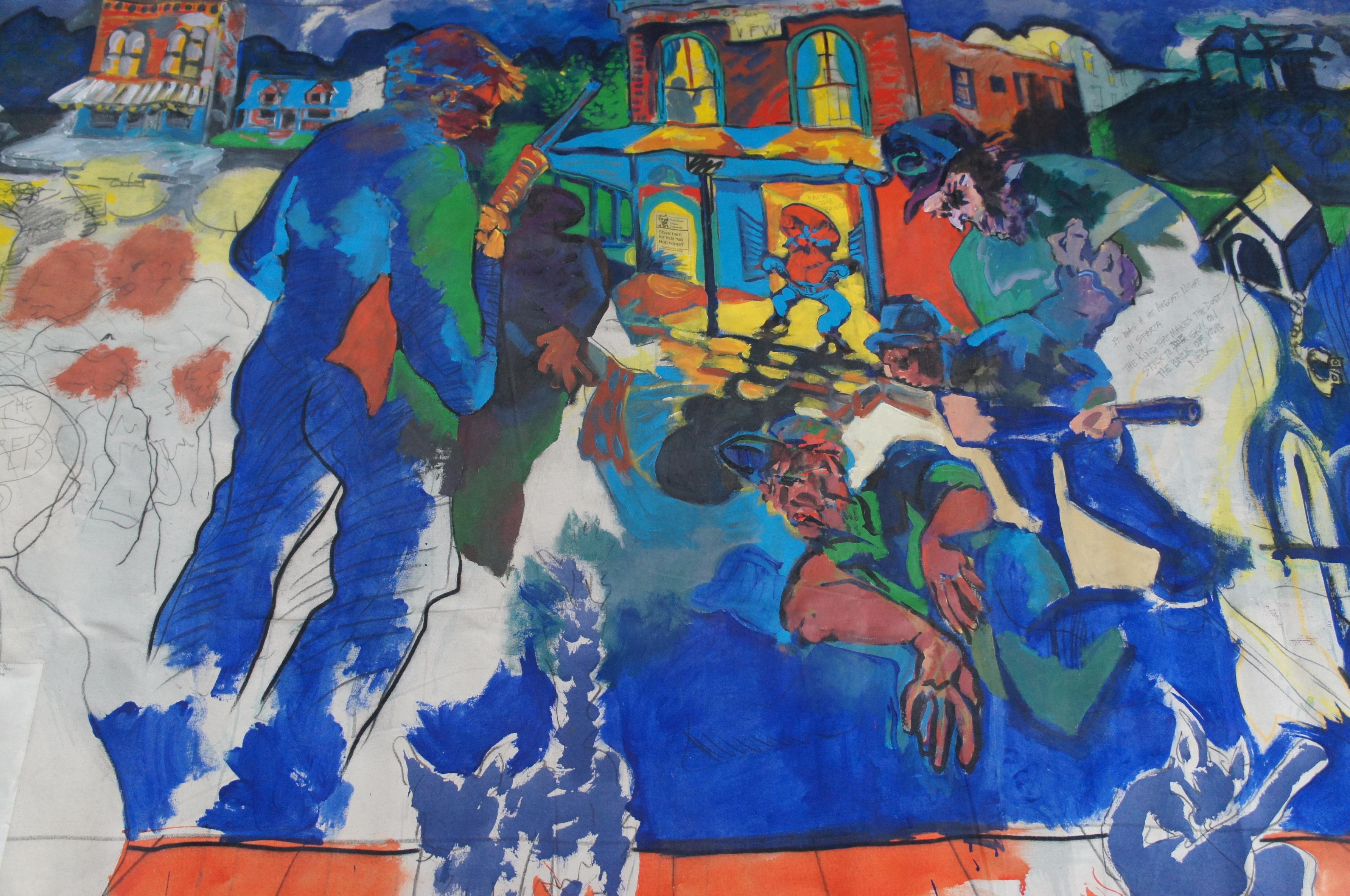 1988 David Devaul Mixed Media Street Fight in Sparta Gunfire Mural Art For Sale 2
