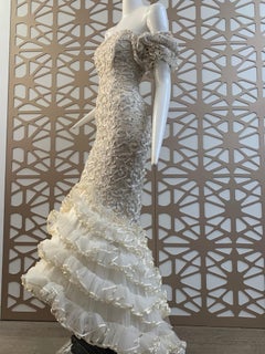 1988 David Fielden Ribbon Embroidered Lace Fishtail Gown W/ Ruffled Train