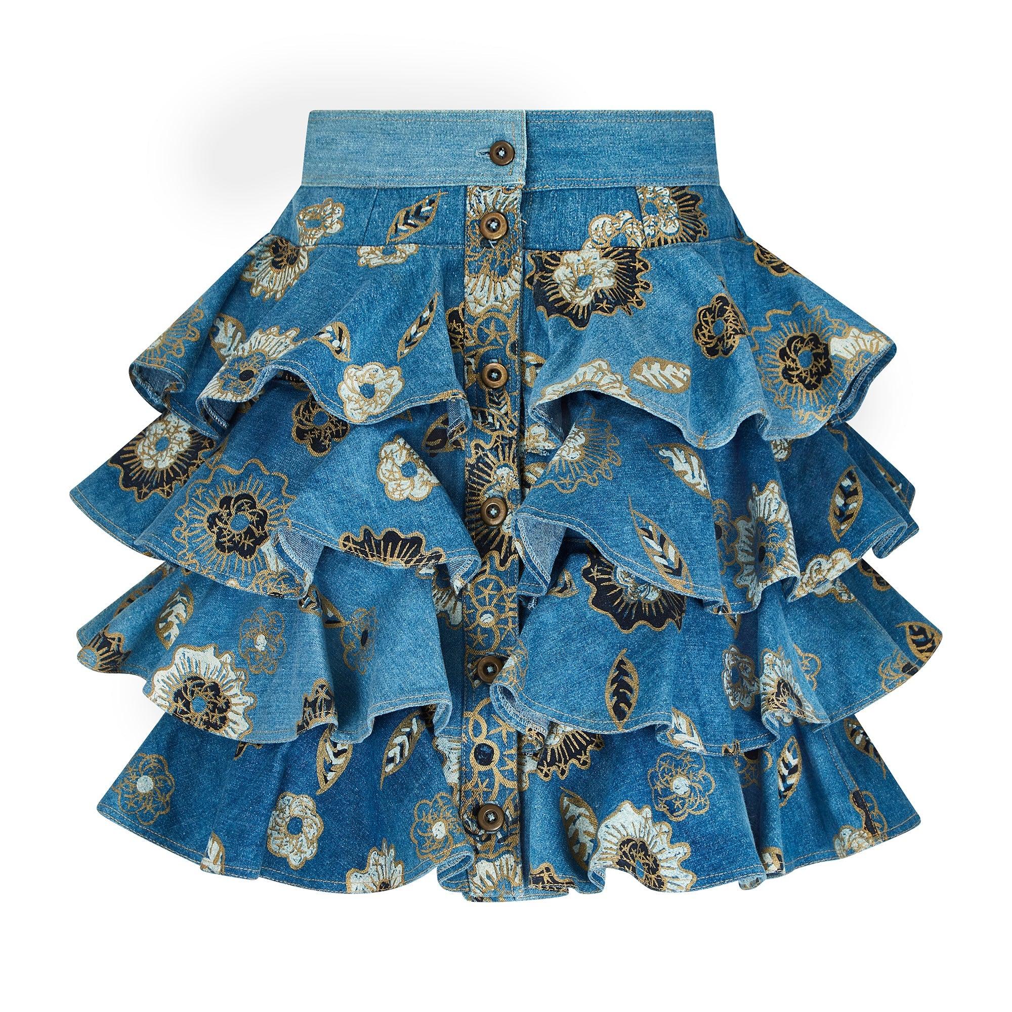 Blue 1988 Documented Zandra Rhodes Patterned Denim Ra Ra Skirt For Sale