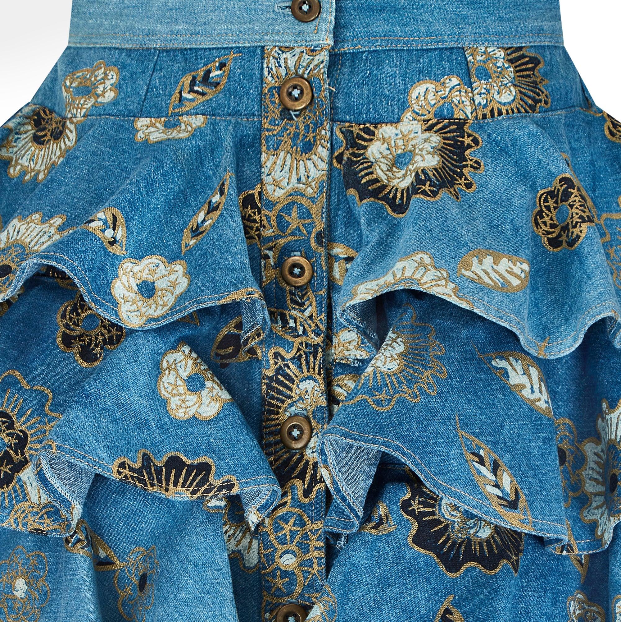 1988 Documented Zandra Rhodes Patterned Denim Ra Ra Skirt In Excellent Condition For Sale In London, GB
