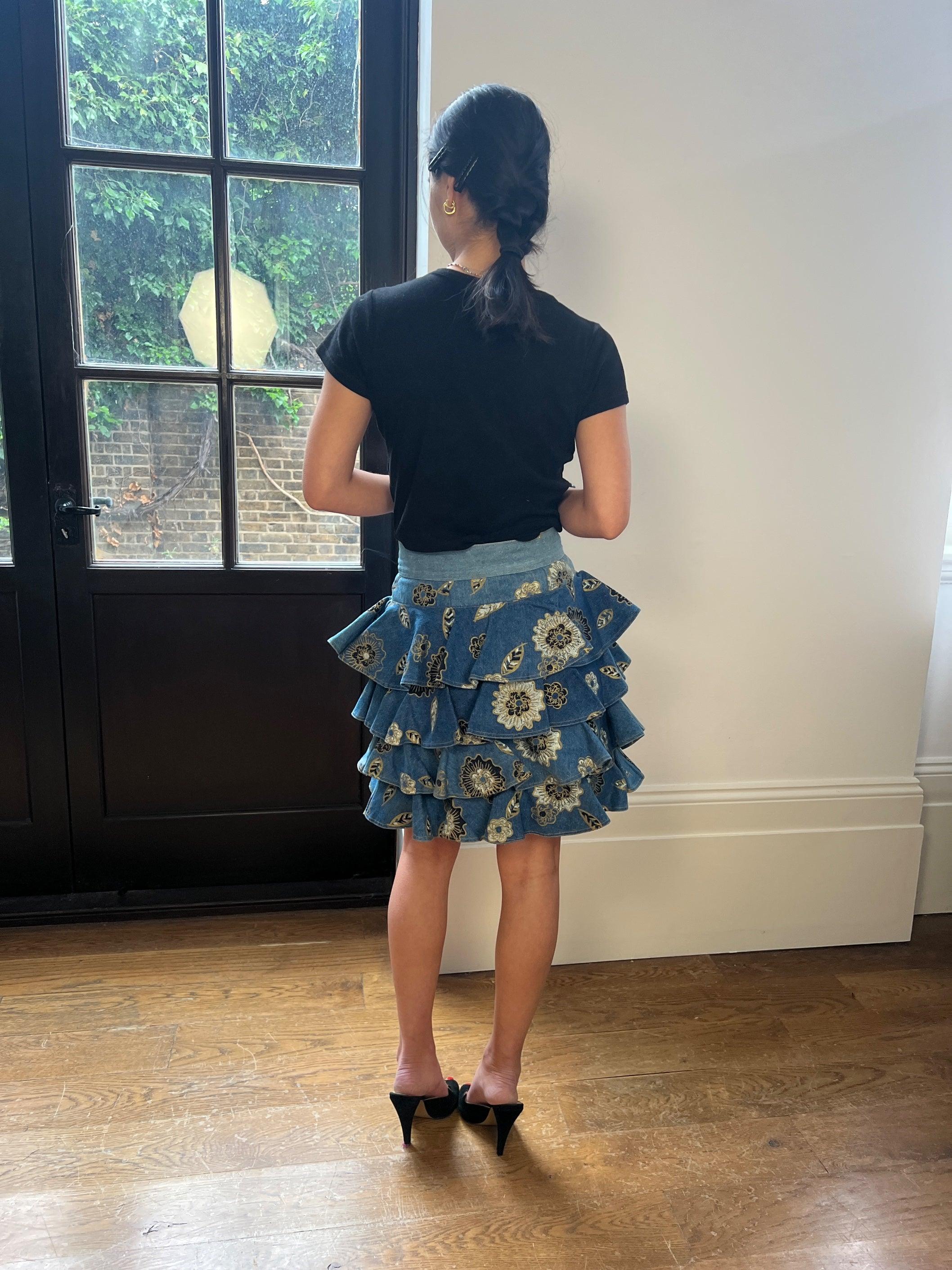 1988 Documented Zandra Rhodes Patterned Denim Ra Ra Skirt For Sale 1