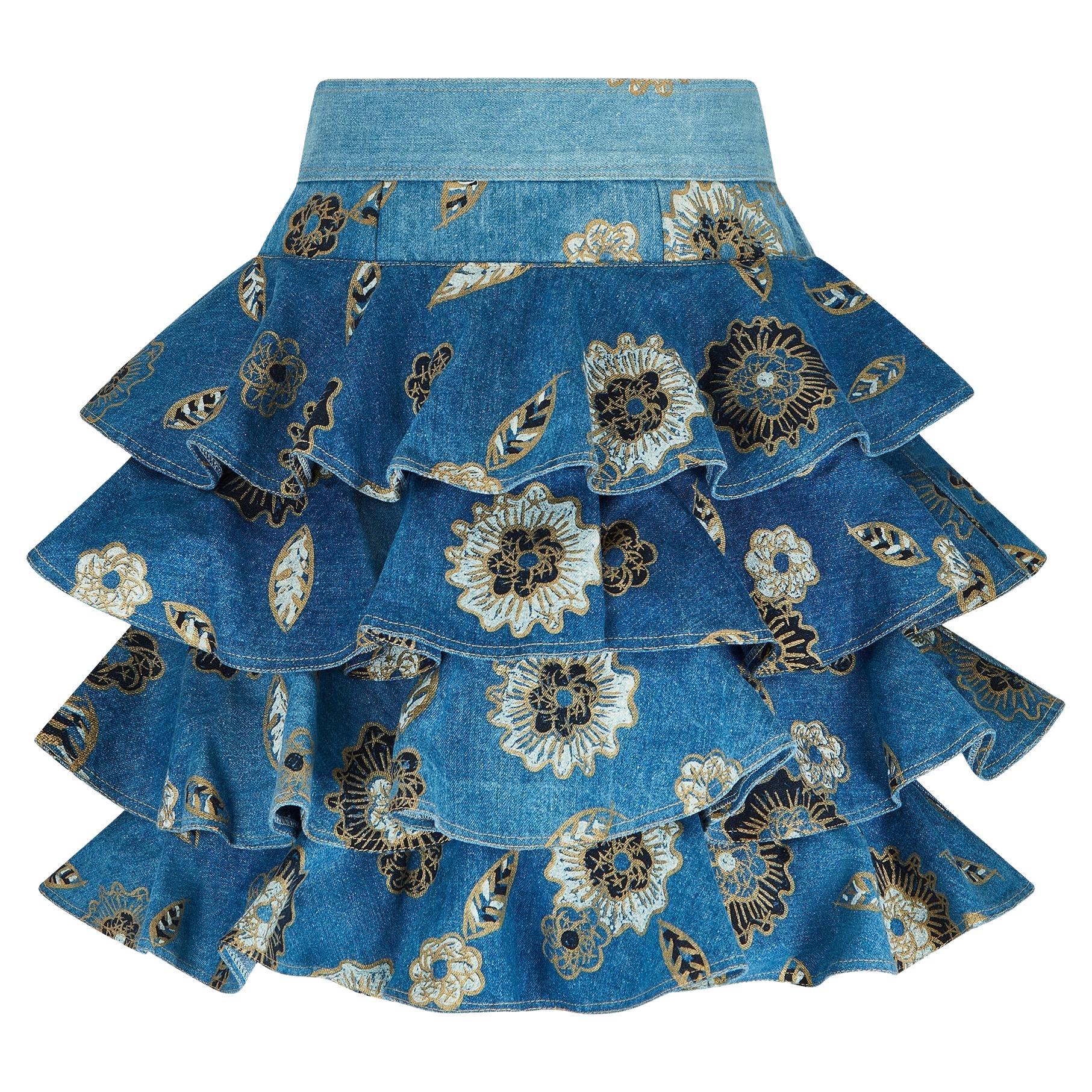 1988 Documented Zandra Rhodes Patterned Denim Ra Ra Skirt For Sale
