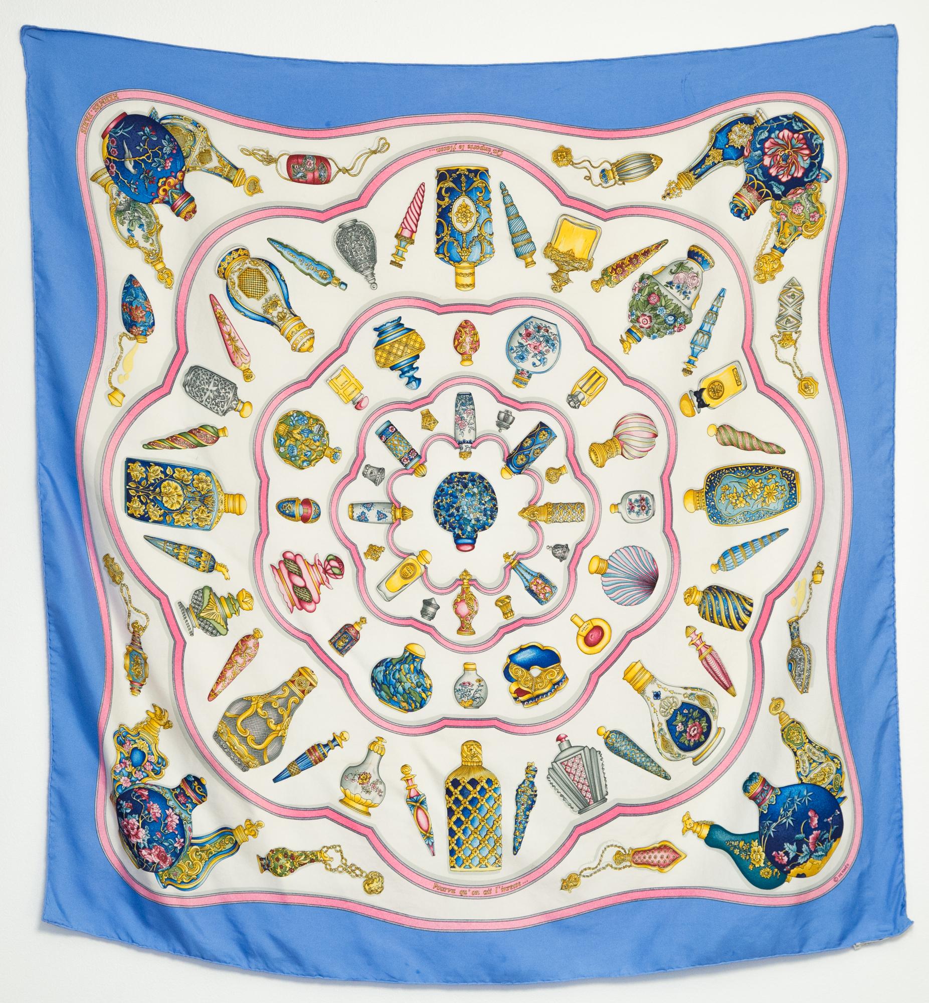 Gray 1988 Hermes Blue Qu'importe le flacon by Catherine Baschet Silk Scarf