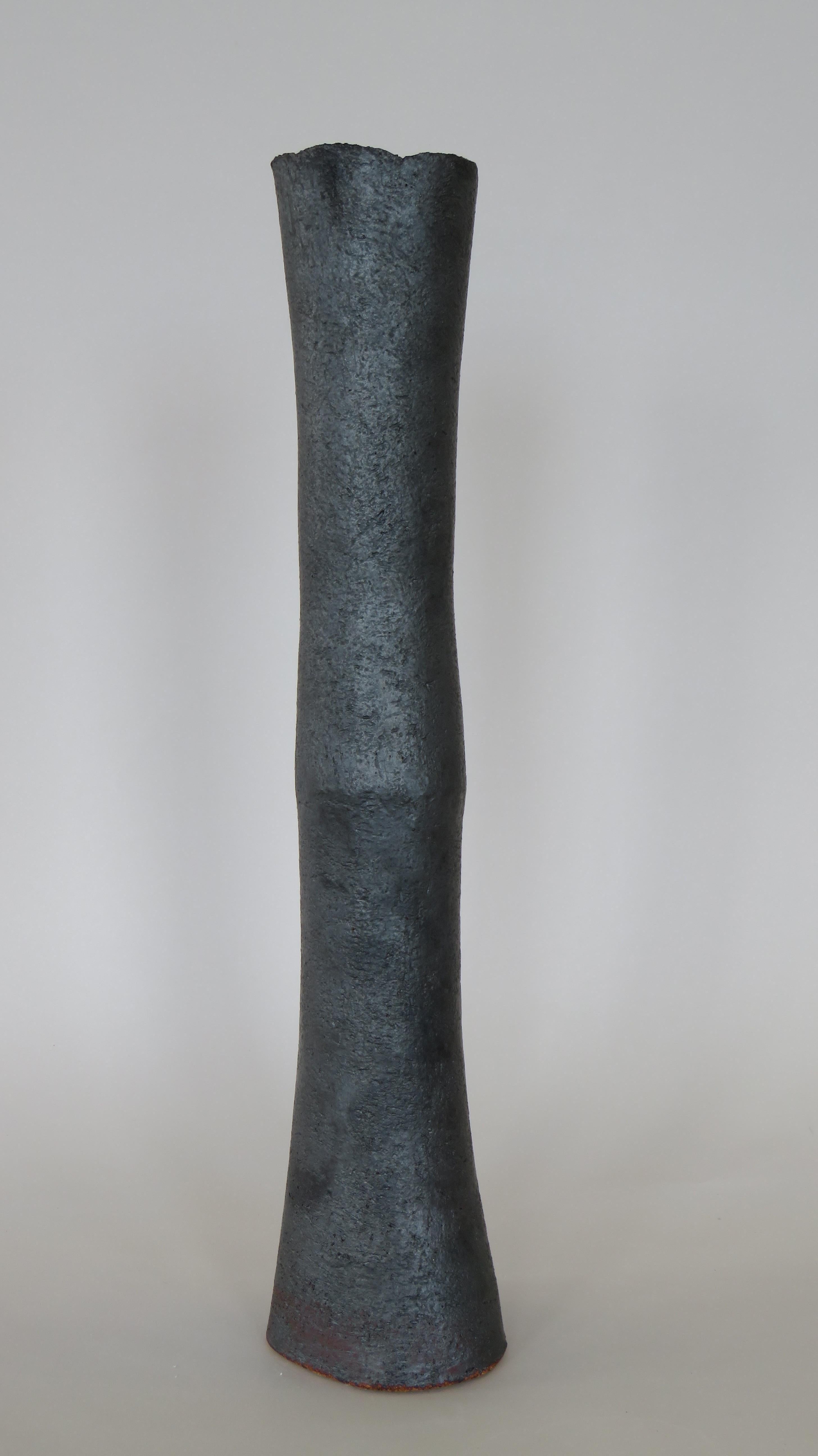 Contemporary Tubular Metallic Black Stoneware Vase, Rough Fluted Rim, 19 7/8 Inches Tall