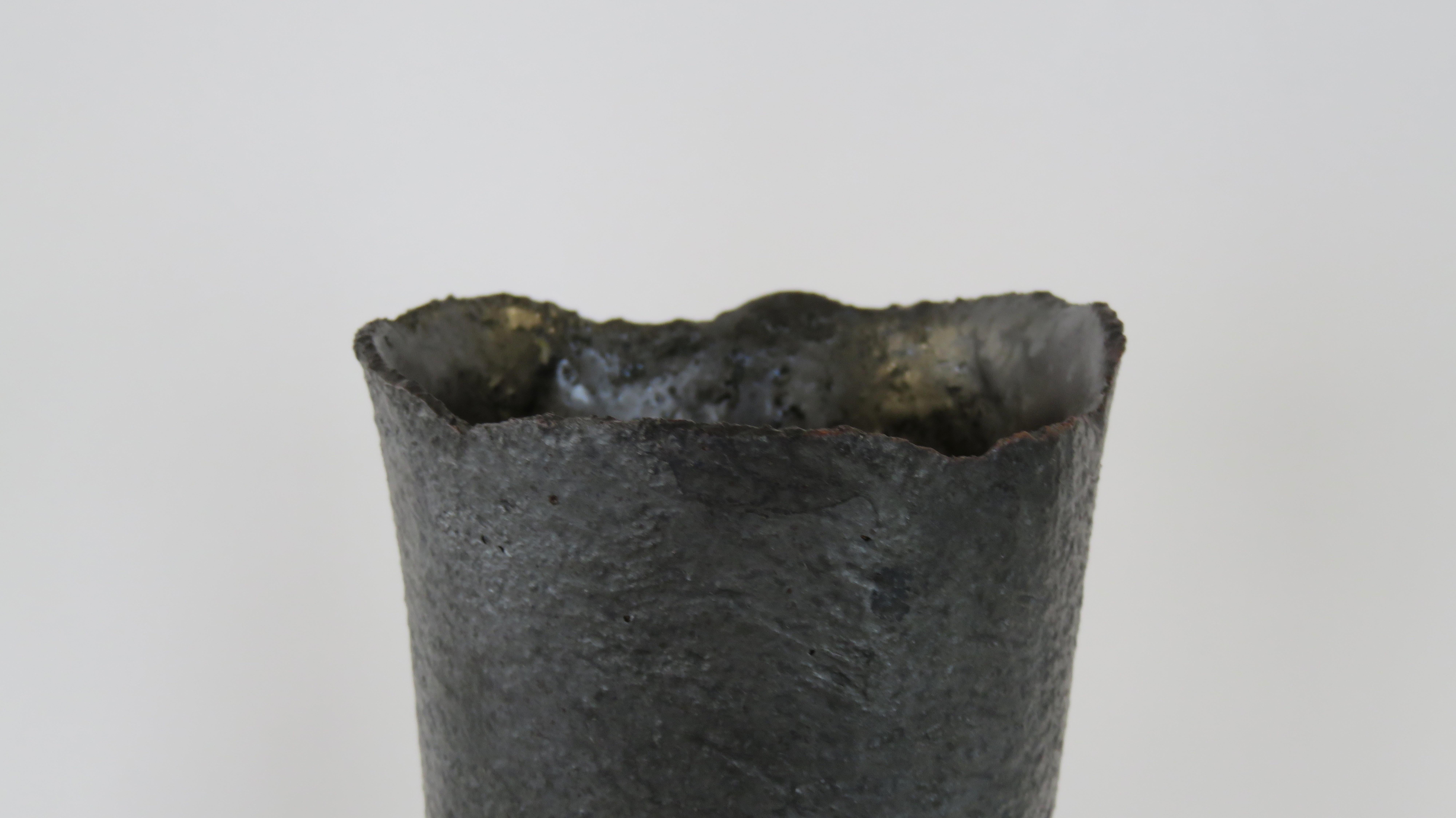 Ceramic Tubular Metallic Black Stoneware Vase, Rough Fluted Rim, 19 7/8 Inches Tall