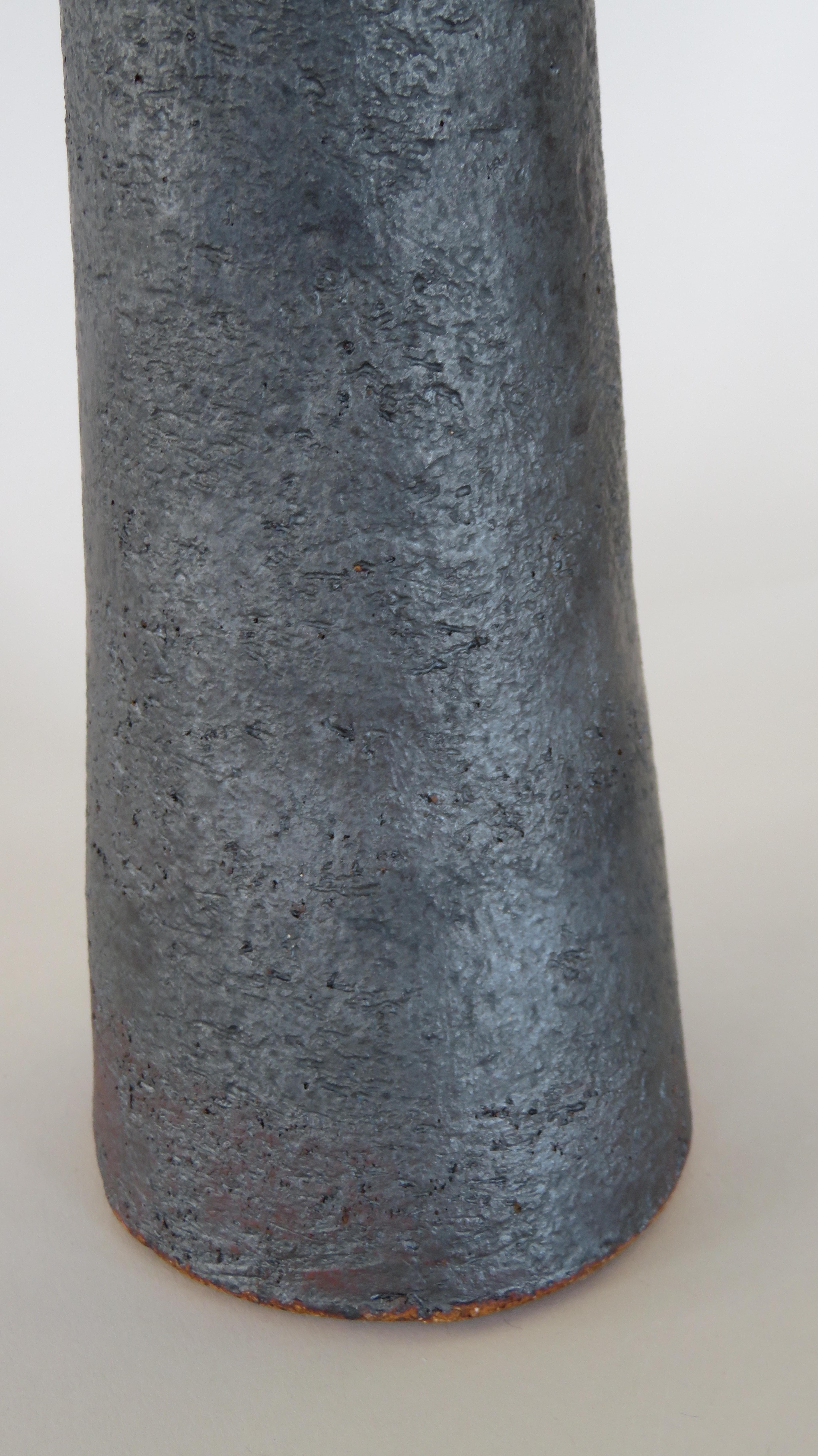 Tubular Metallic Black Stoneware Vase, Rough Fluted Rim, 19 7/8 Inches Tall 1