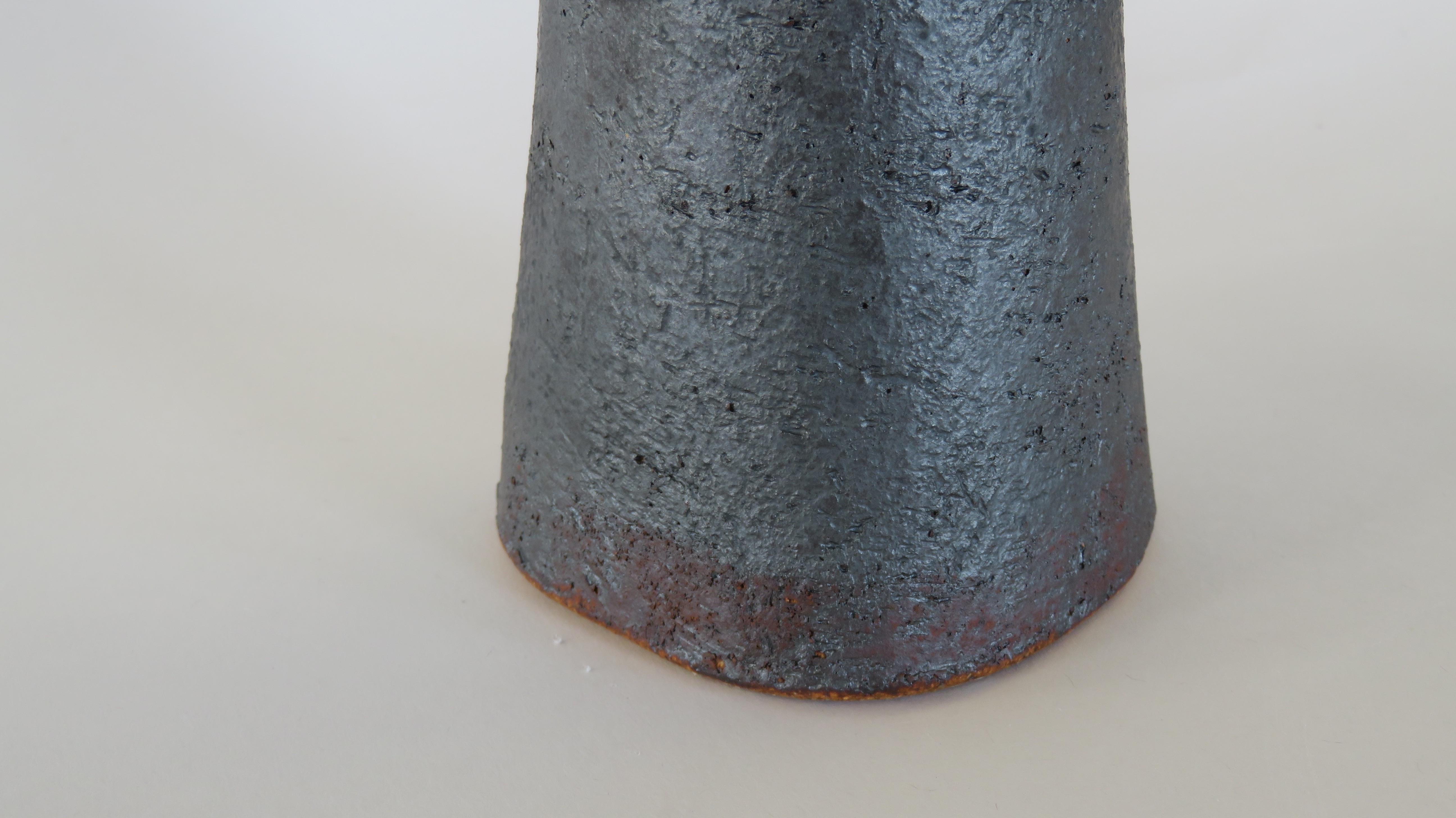 Tubular Metallic Black Stoneware Vase, Rough Fluted Rim, 19 7/8 Inches Tall 2