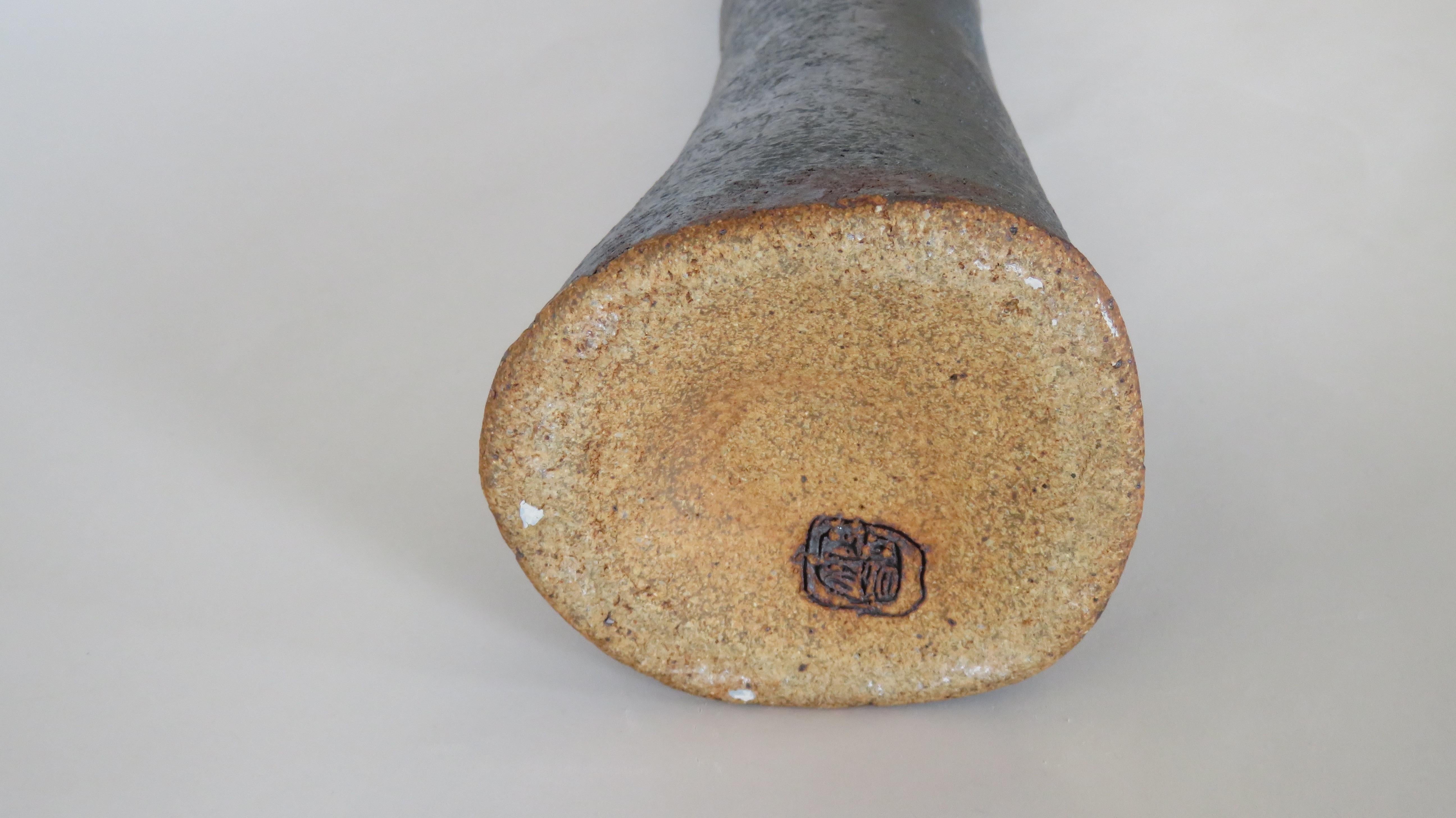 Tubular Metallic Black Stoneware Vase, Rough Fluted Rim, 19 7/8 Inches Tall 3