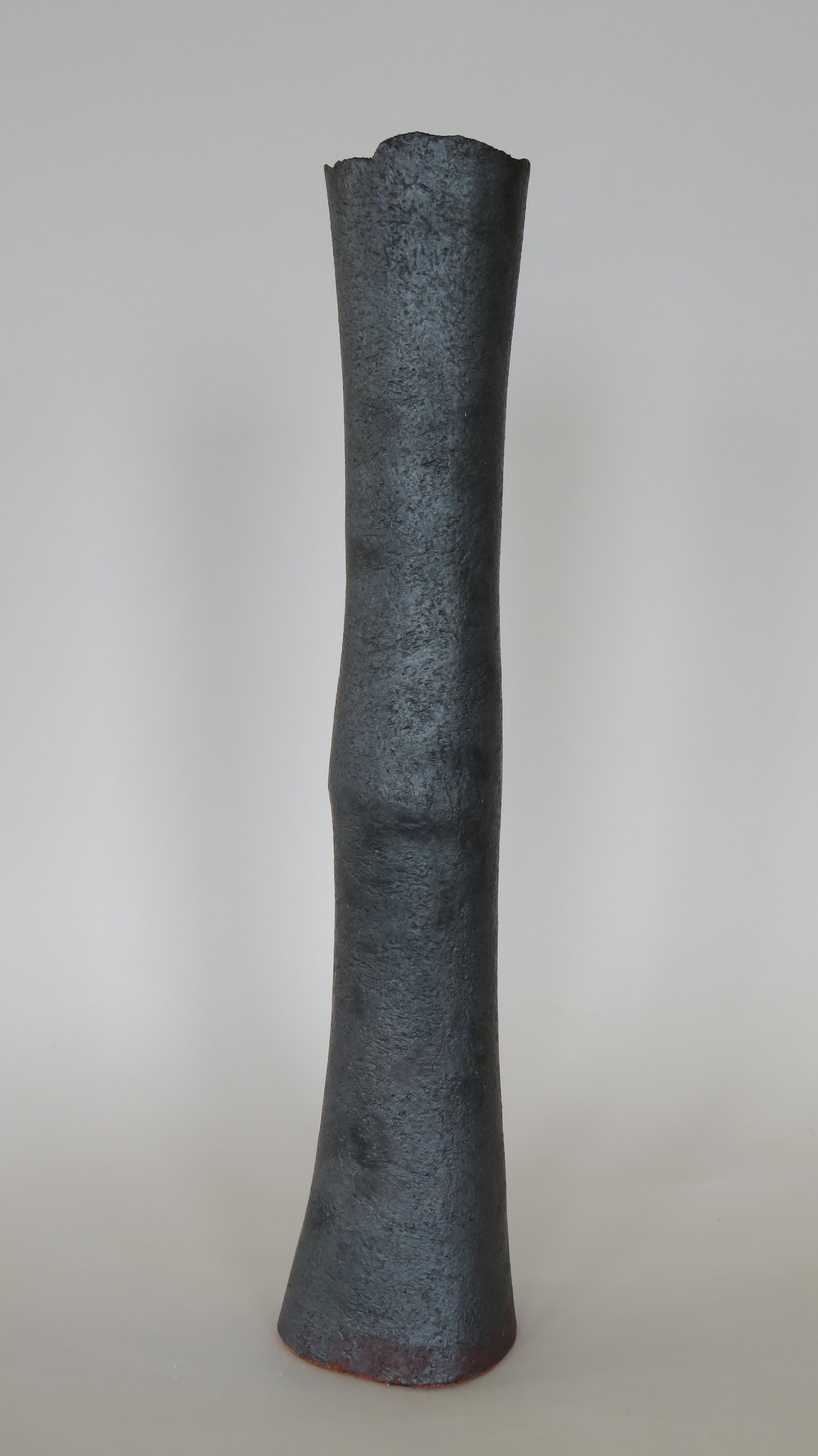 North American Tubular Metallic Black Stoneware Vase, Rough Fluted Rim, 19 7/8 Inches Tall