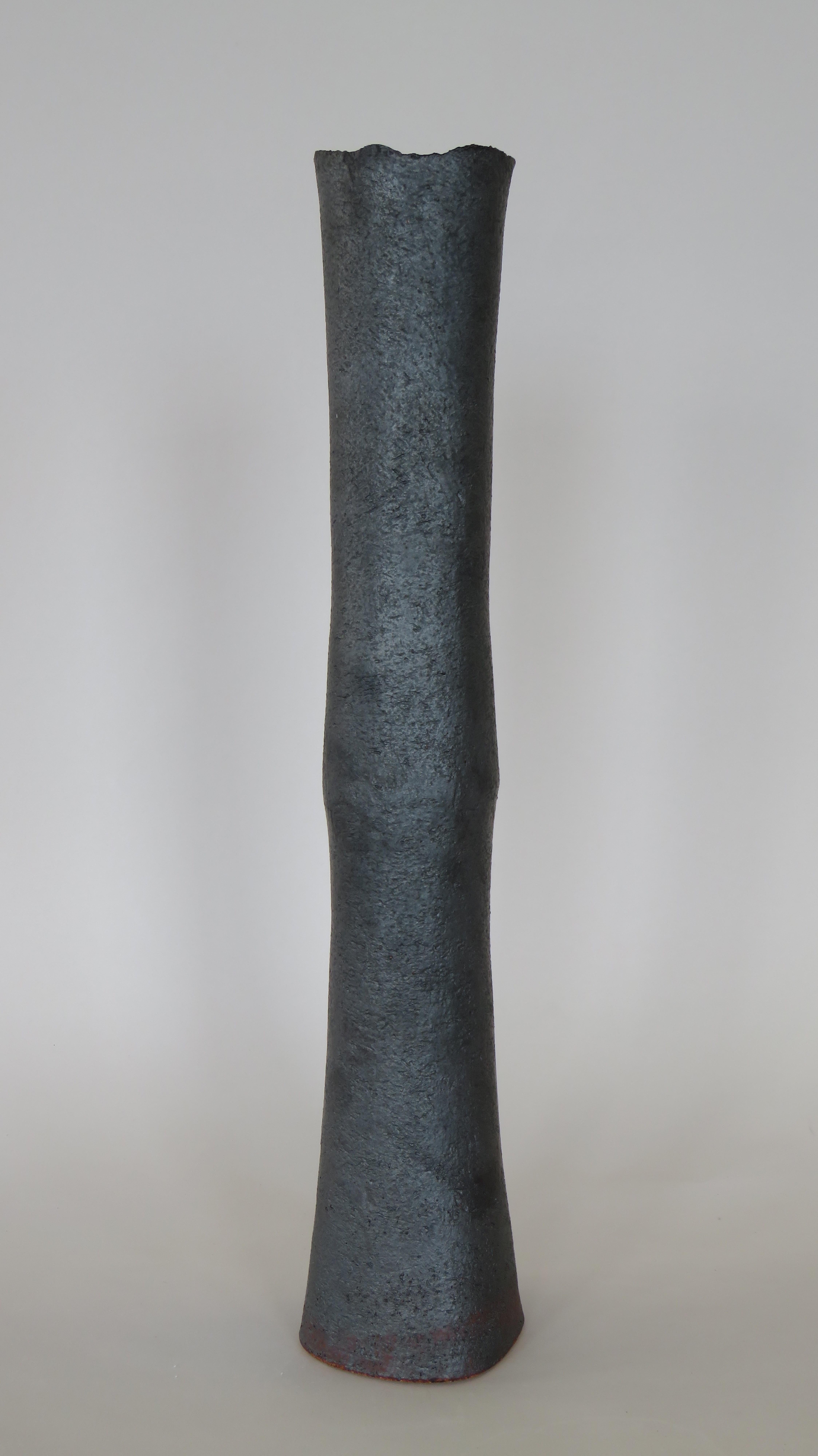 Hand-Crafted Tubular Metallic Black Stoneware Vase, Rough Fluted Rim, 19 7/8 Inches Tall