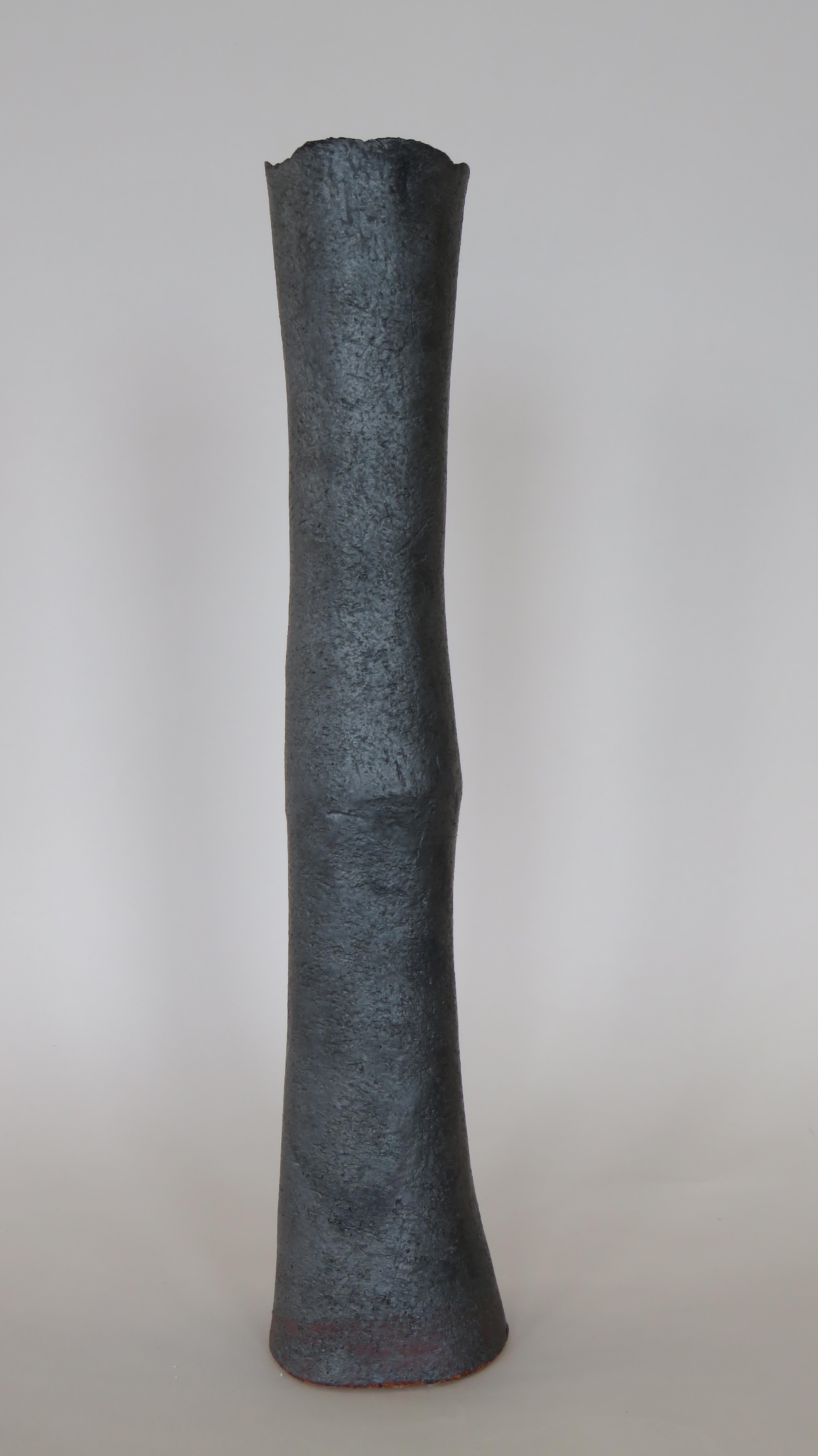 Tubular Metallic Black Stoneware Vase, Rough Fluted Rim, 19 7/8 Inches Tall In New Condition In New York, NY