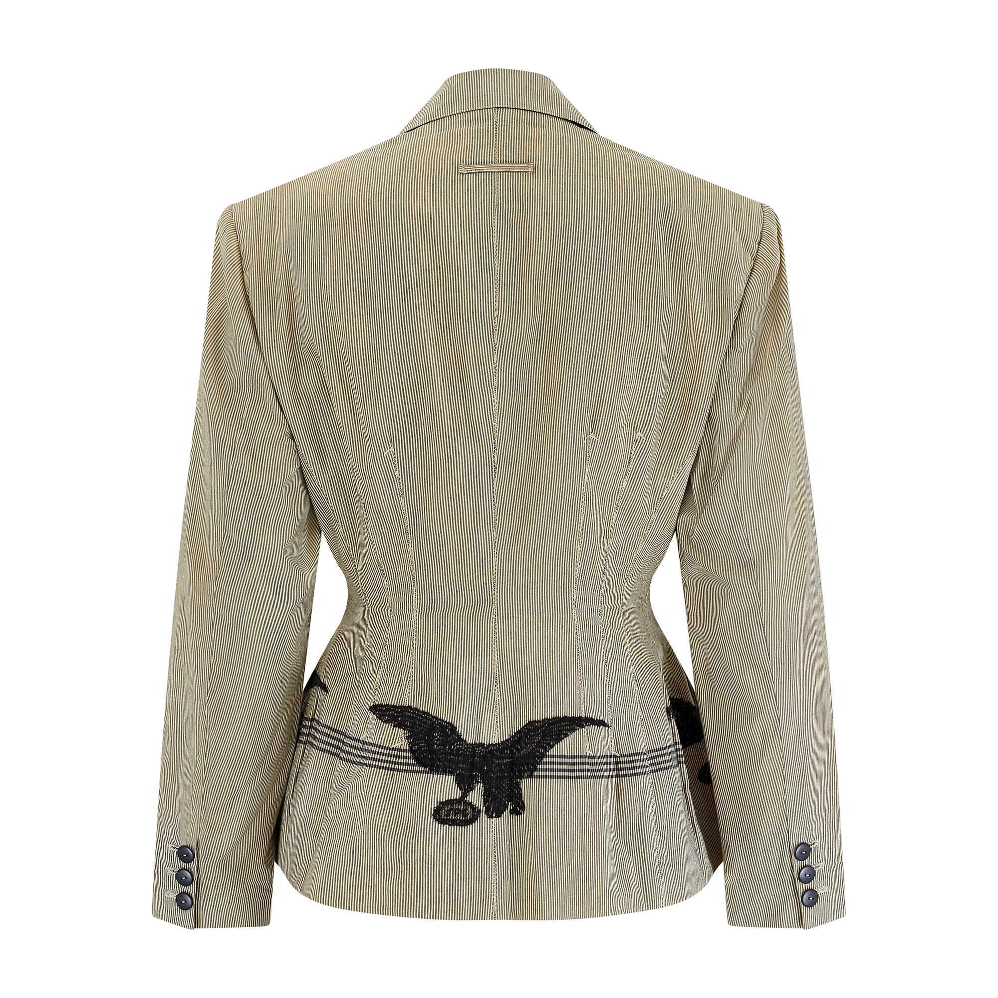 Brown 1988 Jean Paul Gaultier Cotton Jacket with Lace Eagle Appliqué For Sale