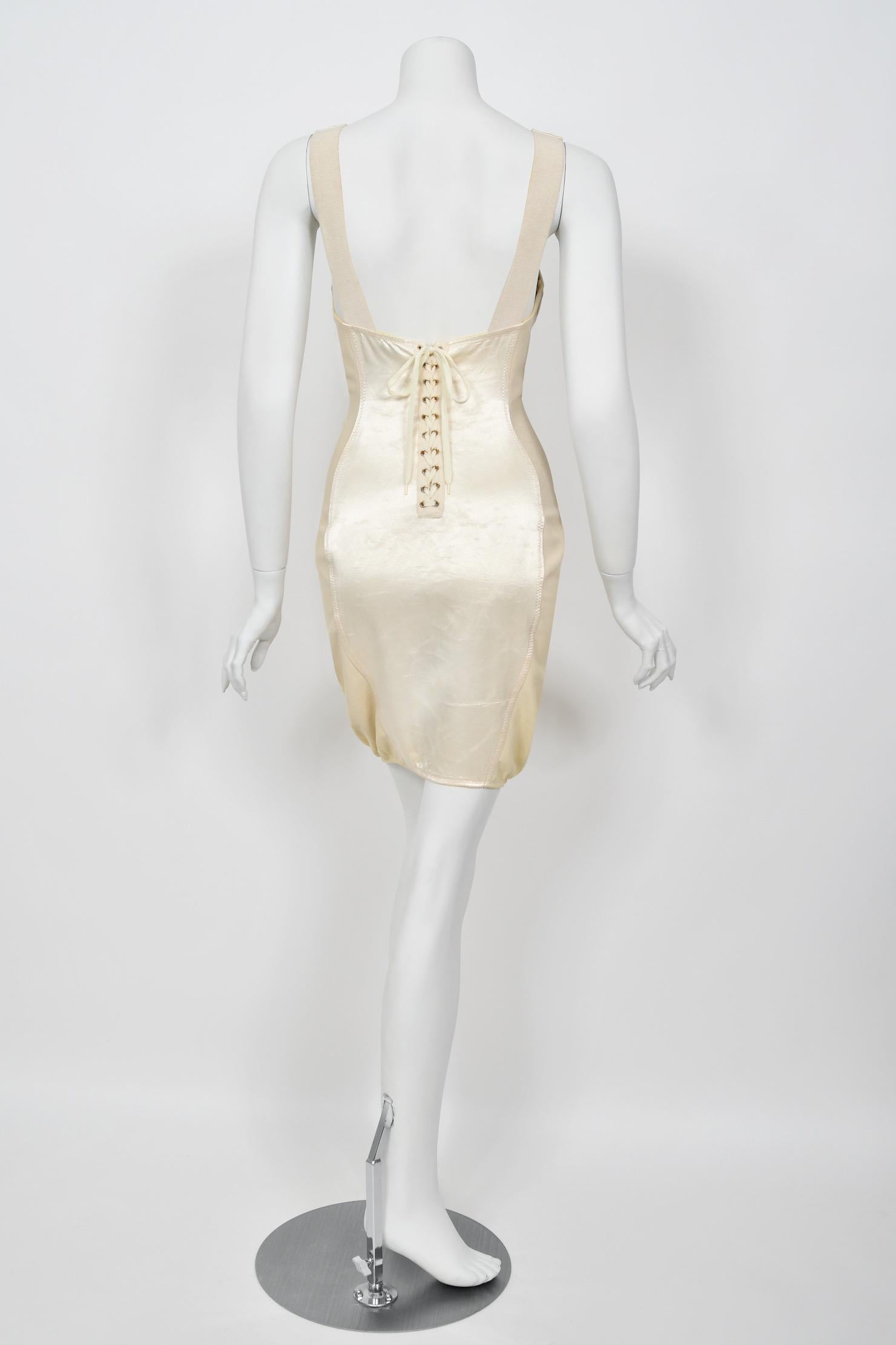 1988 Jean Paul Gaultier Cream Stretch Satin Cone Bra Bustier Corset Mini Dress For Sale 5