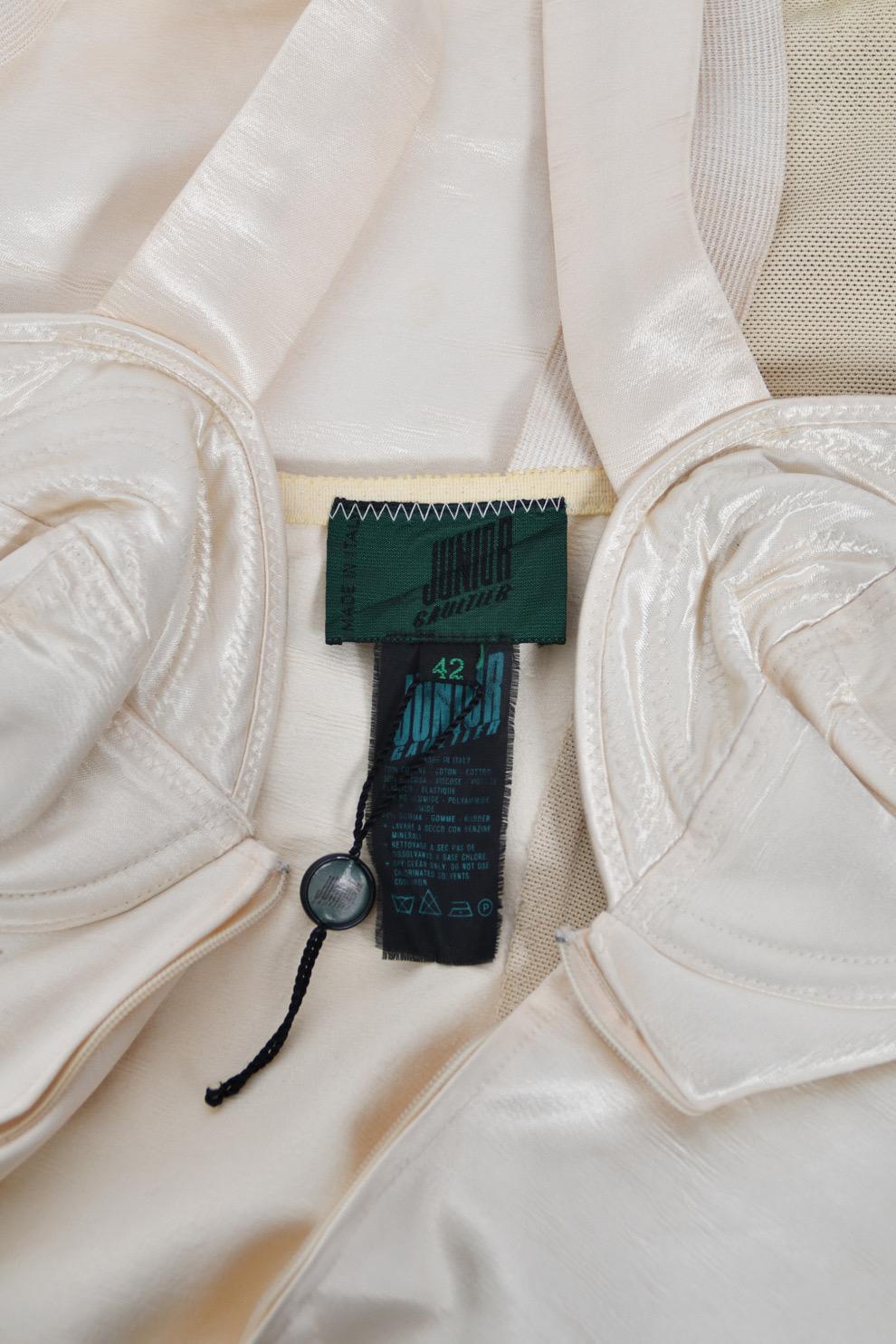 1988 Jean Paul Gaultier Cream Stretch Satin Cone Bra Bustier Corset Mini Dress For Sale 8