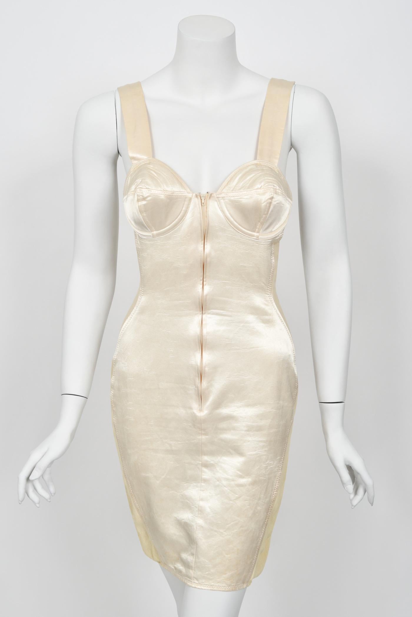 Women's 1988 Jean Paul Gaultier Cream Stretch Satin Cone Bra Bustier Corset Mini Dress For Sale