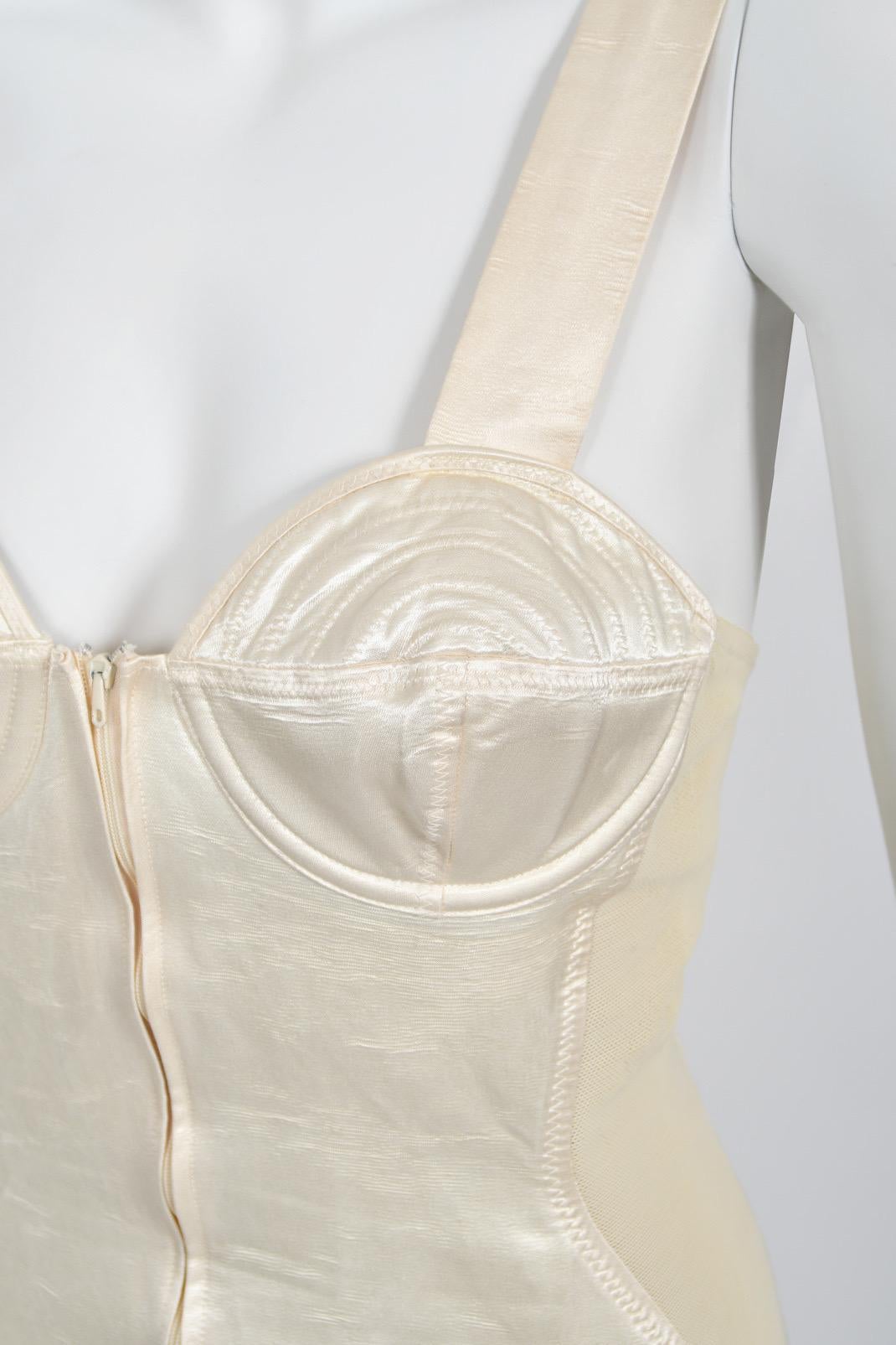 1988 Jean Paul Gaultier Cream Stretch Satin Cone Bra Bustier Corset Mini Dress For Sale 1