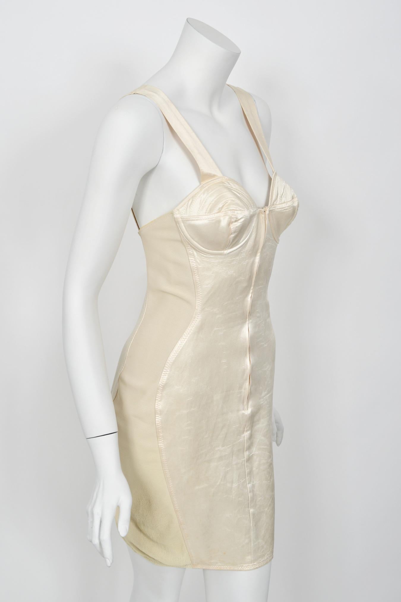 1988 Jean Paul Gaultier Cream Stretch Satin Cone Bra Bustier Corset Mini Dress For Sale 2