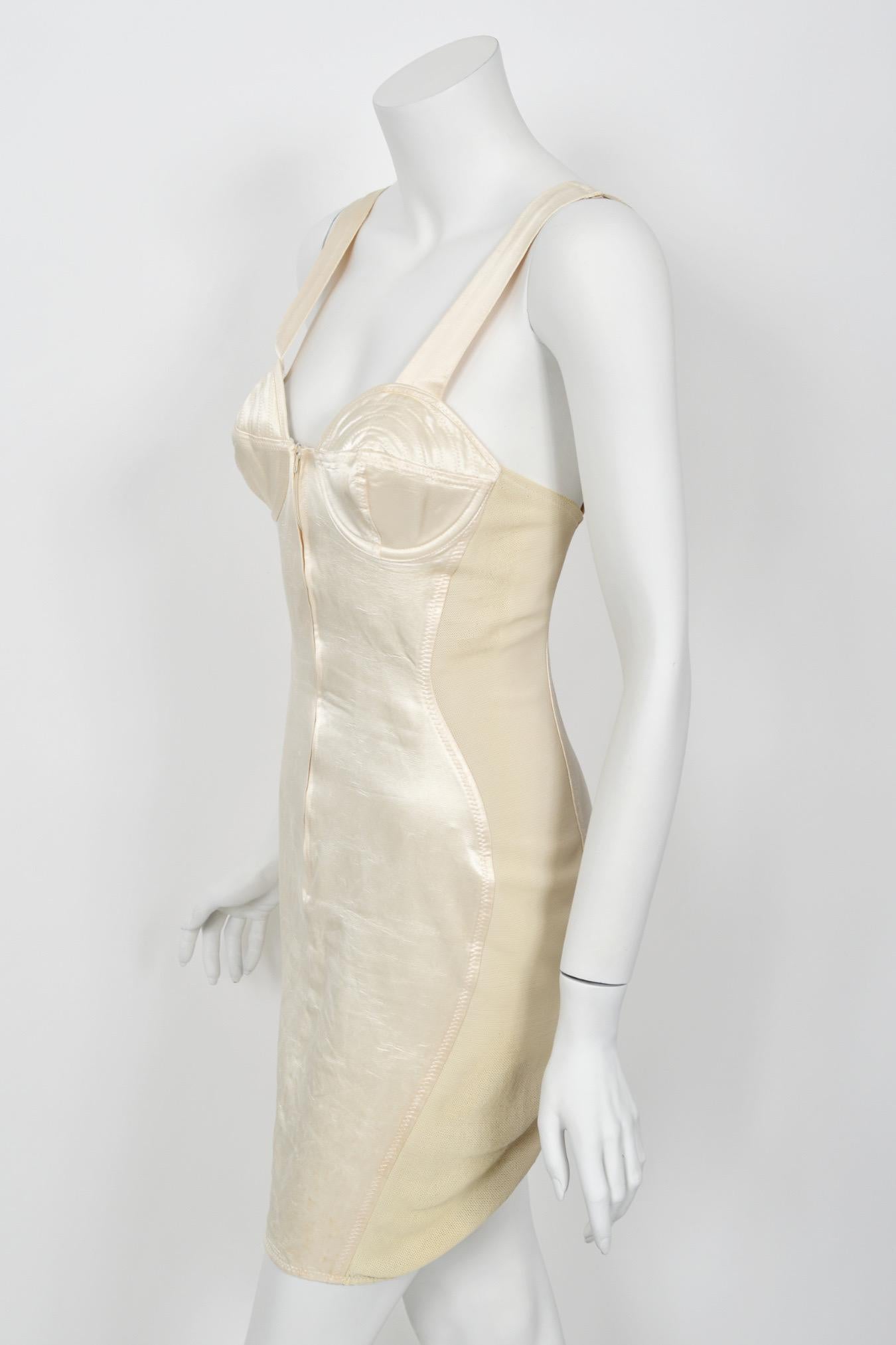 1988 Jean Paul Gaultier Cream Stretch Satin Cone Bra Bustier Corset Mini Dress For Sale 3