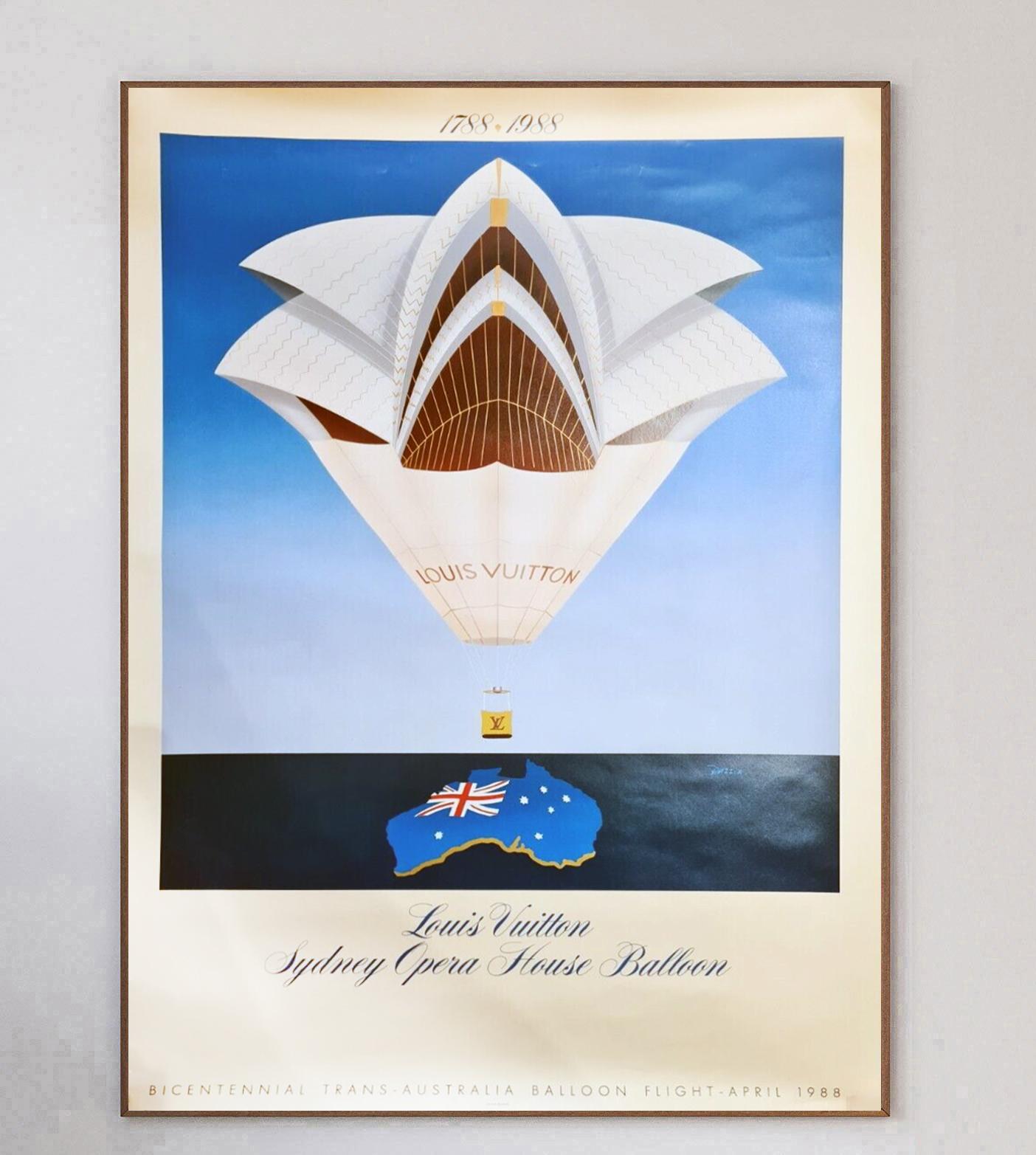 Depicting a gorgeous art deco scene of The Louis Vuitton Sydney Opera House Balloon, a hot air balloon styled as the iconic Sydney Opera House, this poster was created in 1988 for the Bicentennial Trans-Australia Balloon Flight in April 1988.