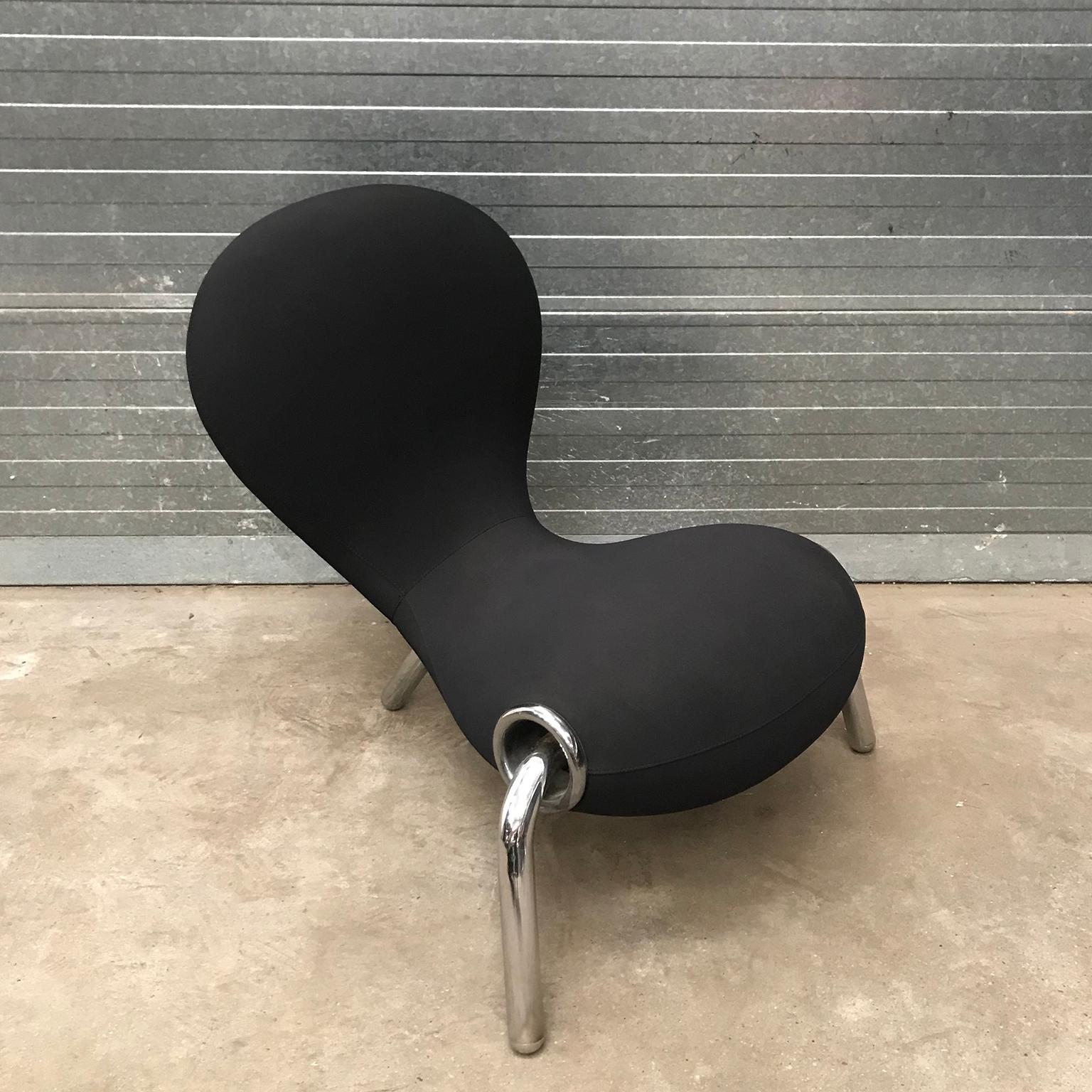 Please ask KC Godrie Ibiza/Amsterdam for our competitive personal shipping quotes.

Black Embryo chair in black upholstery and chrome legs. The embryo chair was designed by Marc Newson in 1988. This chair was commissioned by the Museum of Applied