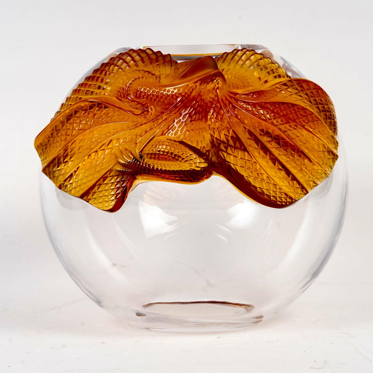 French 1988 Marie Claude Lalique - Vase Erimaki Clear And Amber Crystal