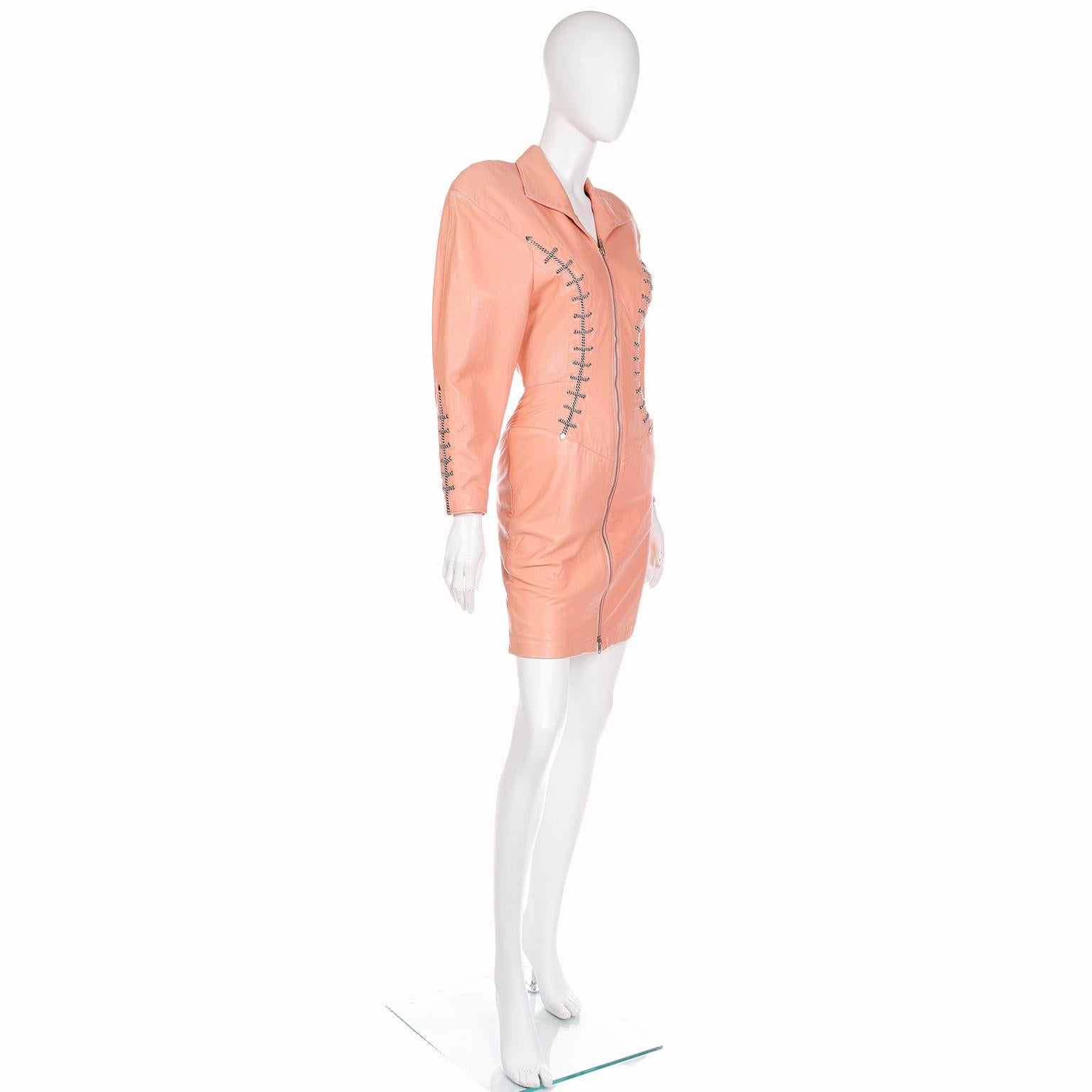 1988 Michael Hoban North Beach Leather Orange Corset Tie Dress Documented In Good Condition In Portland, OR