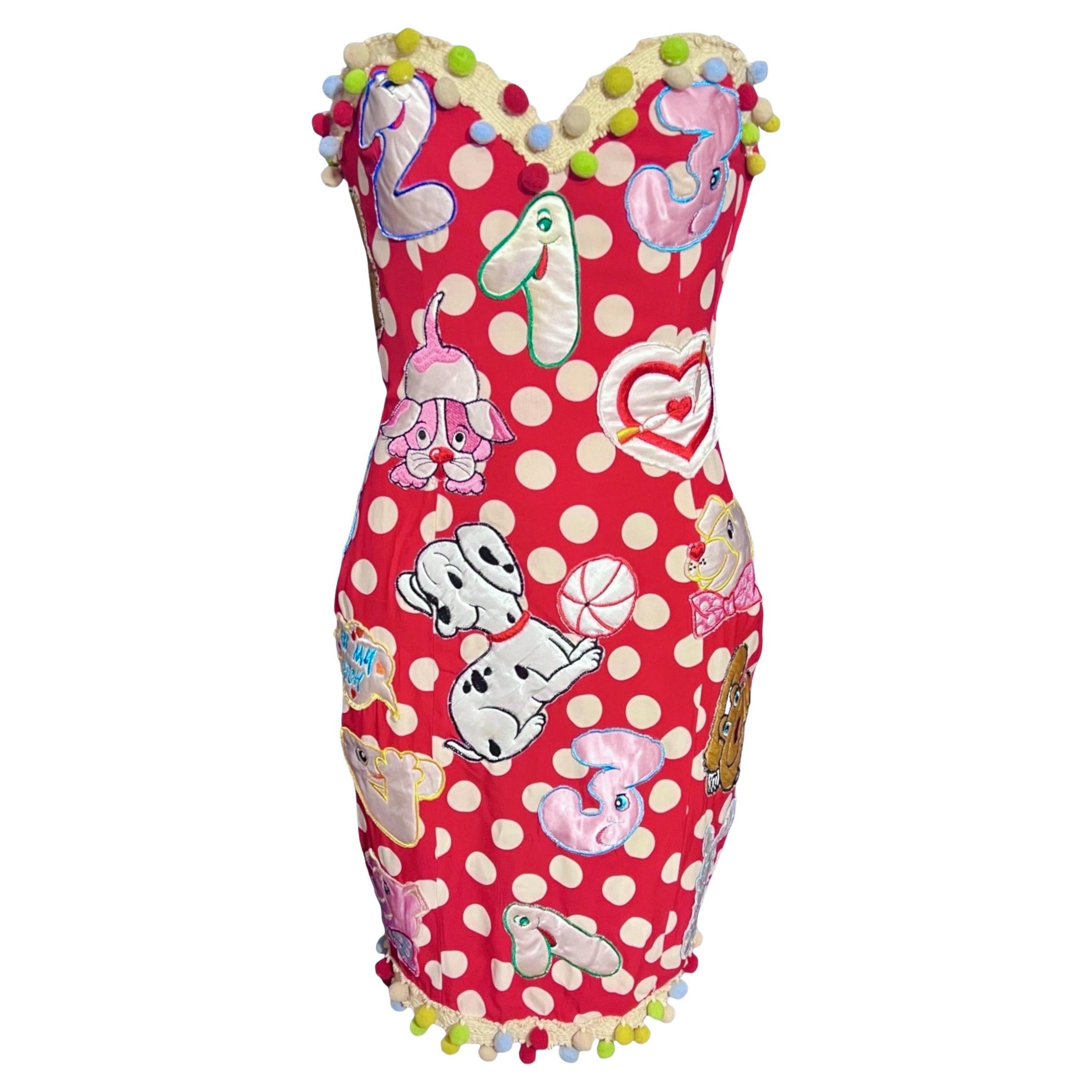 1988 Moschino "Kiss My Patch" Embroidered Strapless Polka Dot Dress For Sale
