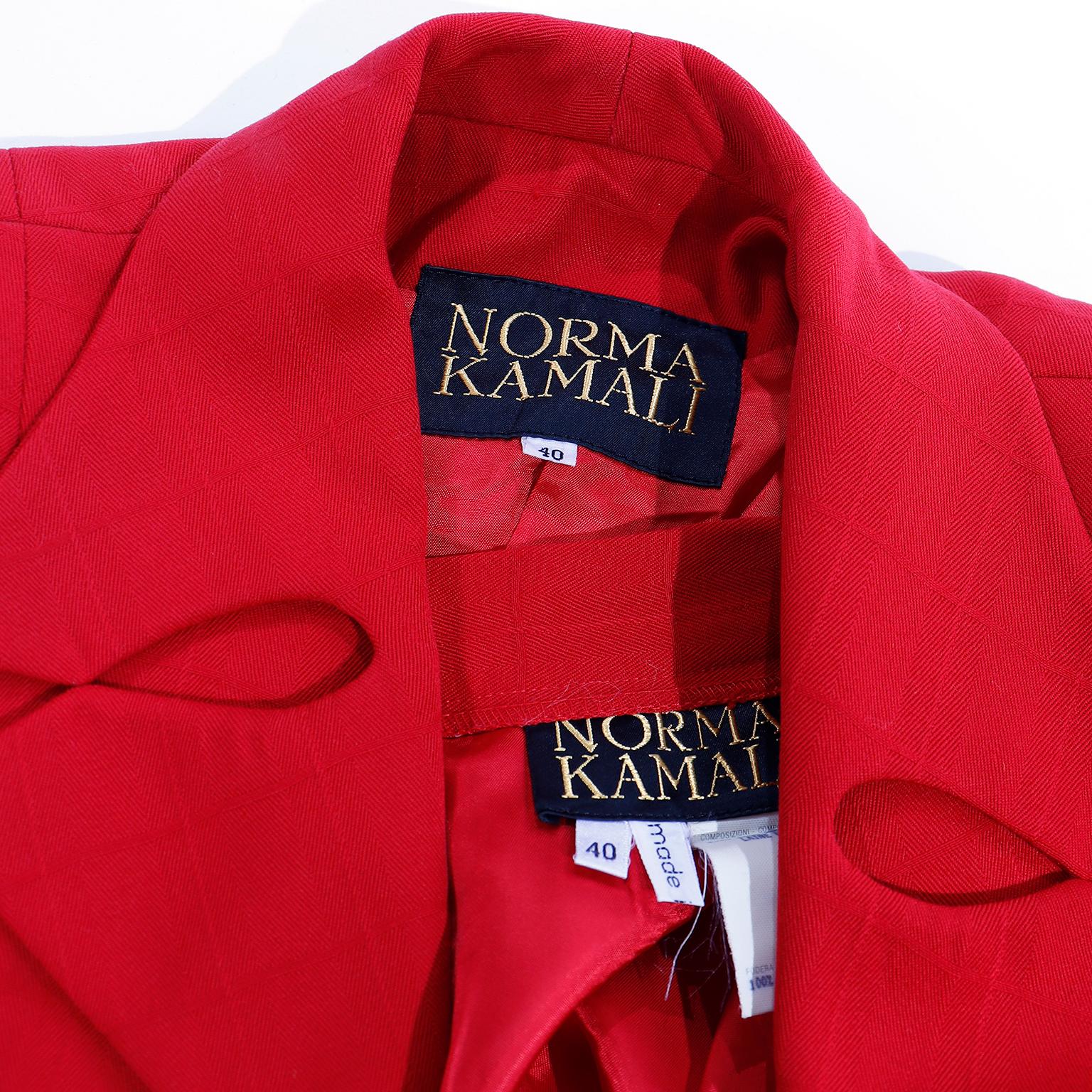 1988 Norma Kamali Windowpane Plaid Red Wool Suit w/ Lapel Cutouts 3