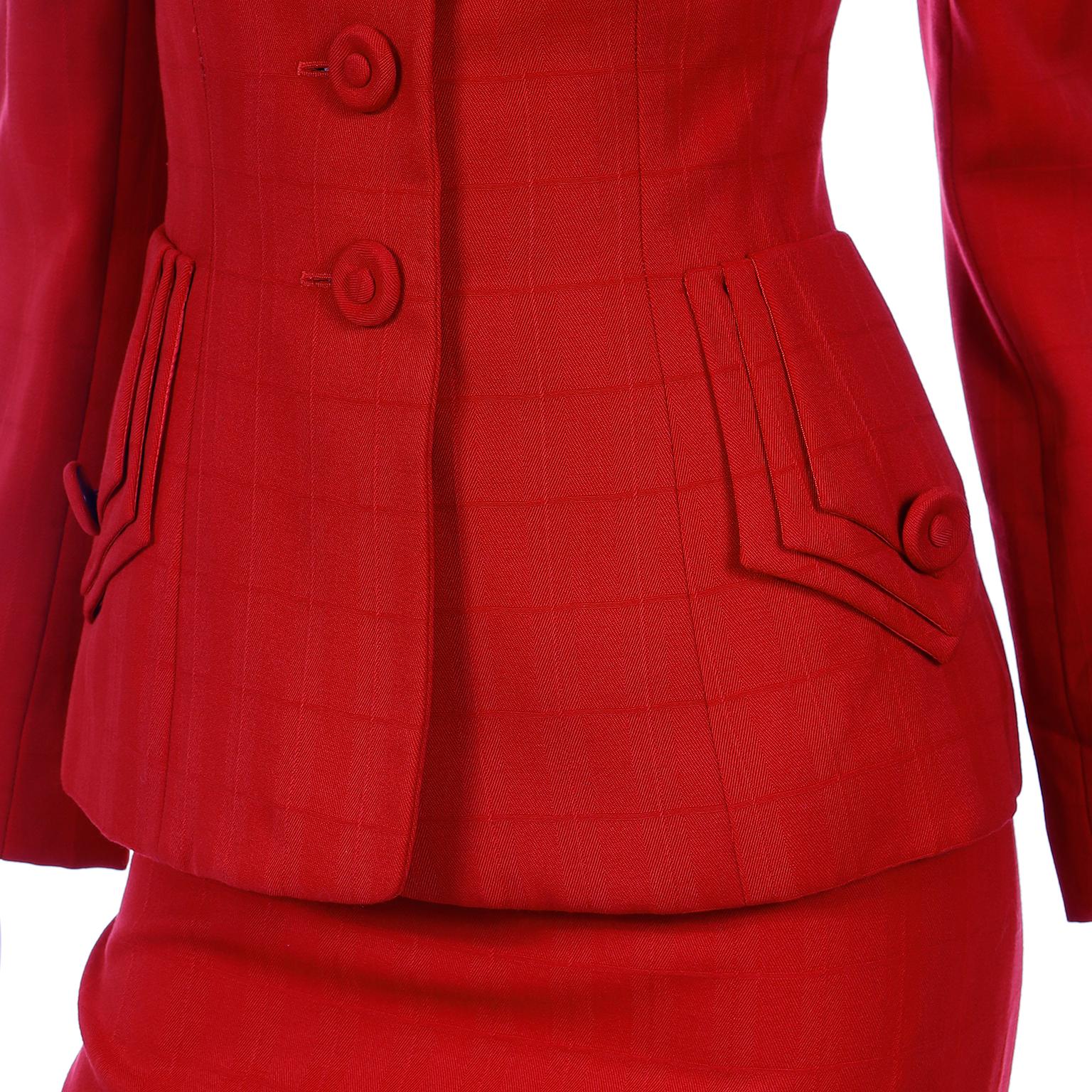1988 Norma Kamali Windowpane Plaid Red Wool Suit w/ Lapel Cutouts 1