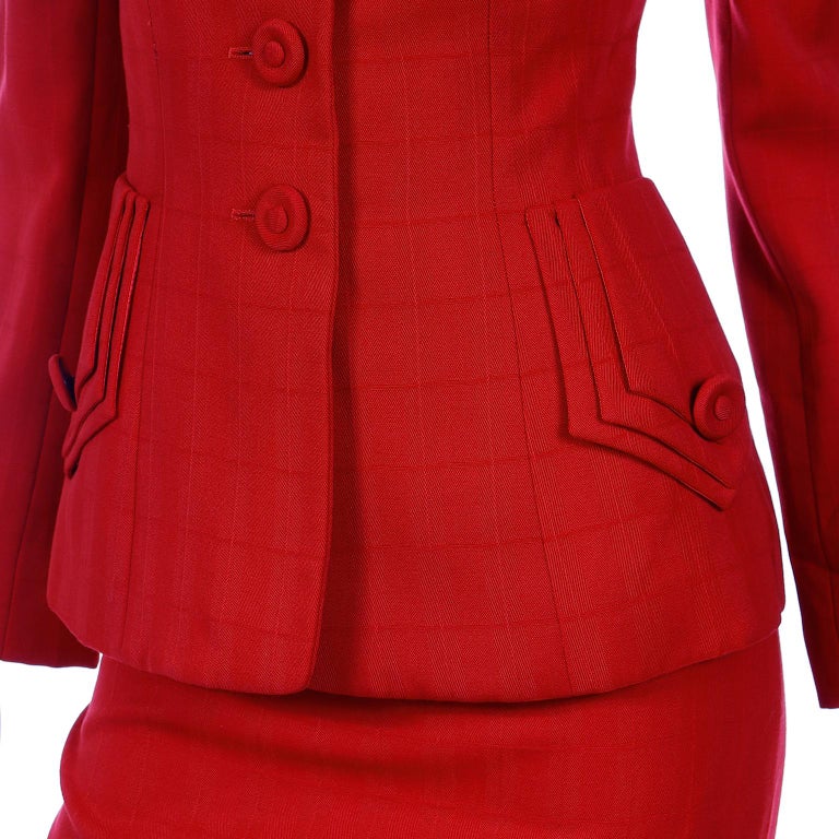 1988 Norma Kamali Windowpane Plaid Red Wool Suit w/ Lapel Cutouts at ...