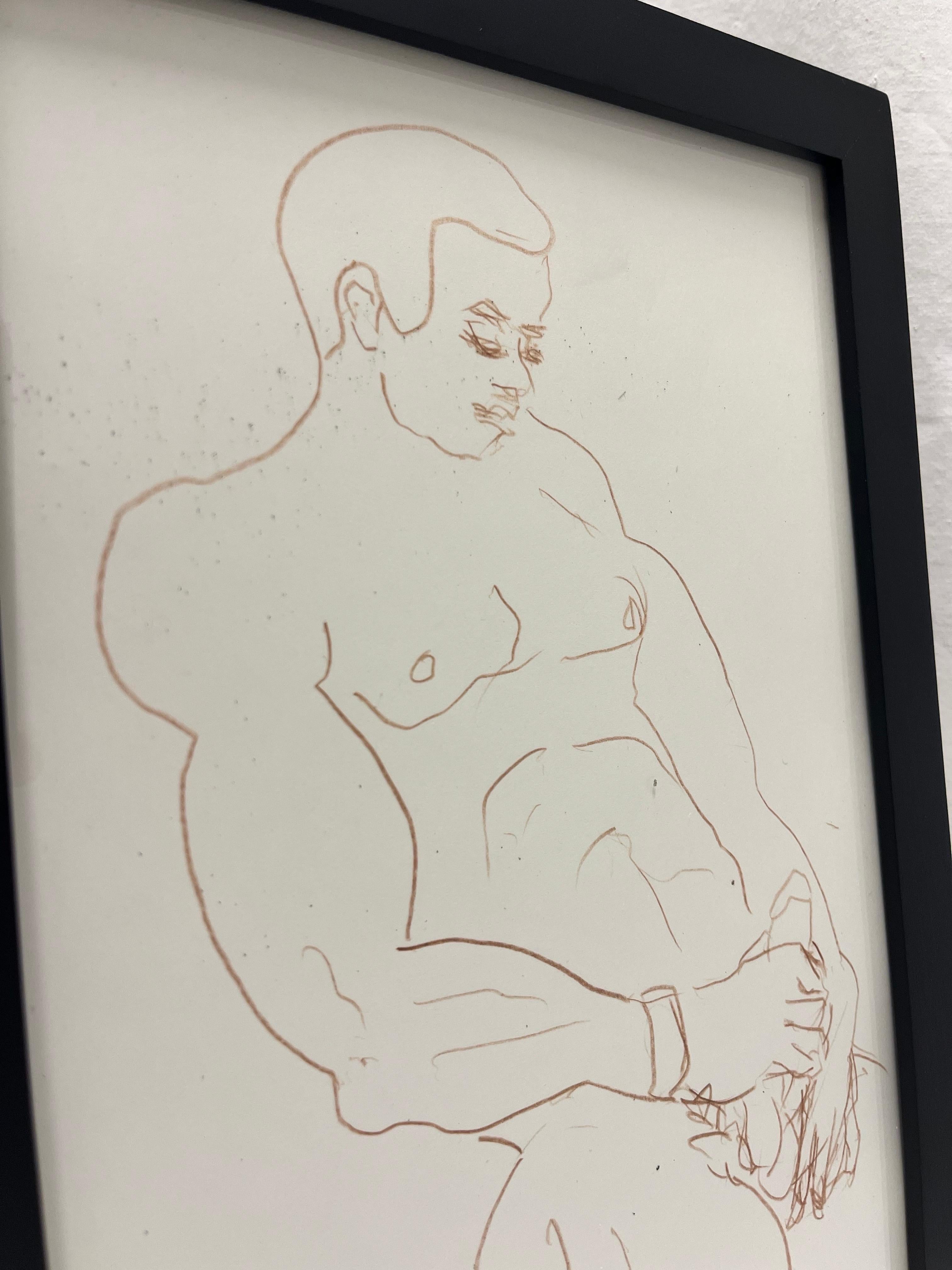 A late 1980's academic style nude male artist sketch or study of an African American man from a New York City estate in the Chelsea / West Village area. The work is done in a colored pencil medium on a heavy paper support, signed illegibly and