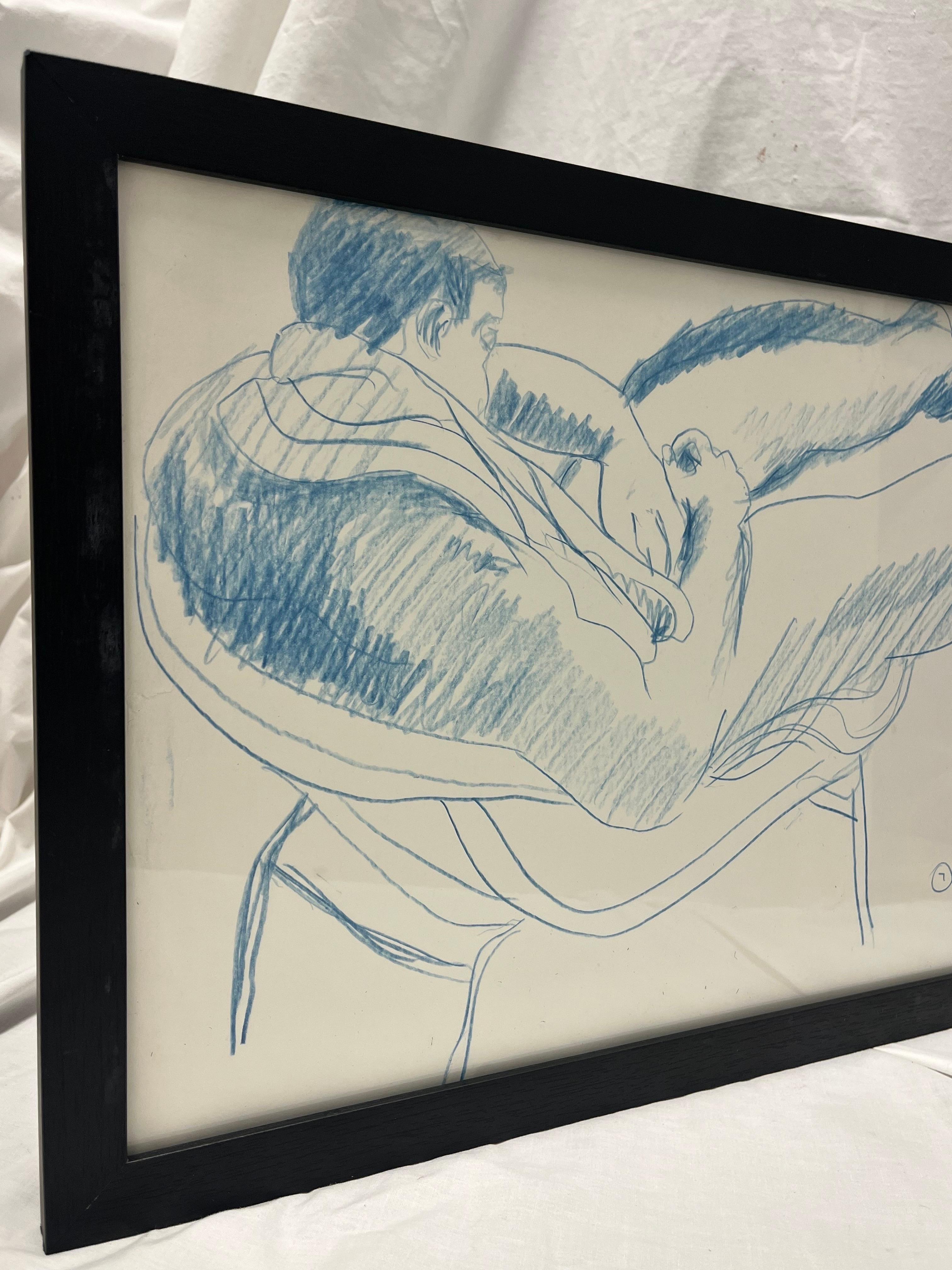 A late 1980's academic style nude male artist sketch or study of an African American man from a New York City estate in the Chelsea / West Village area. The work is done in a colored pencil medium on a heavy paper support, signed illegibly and