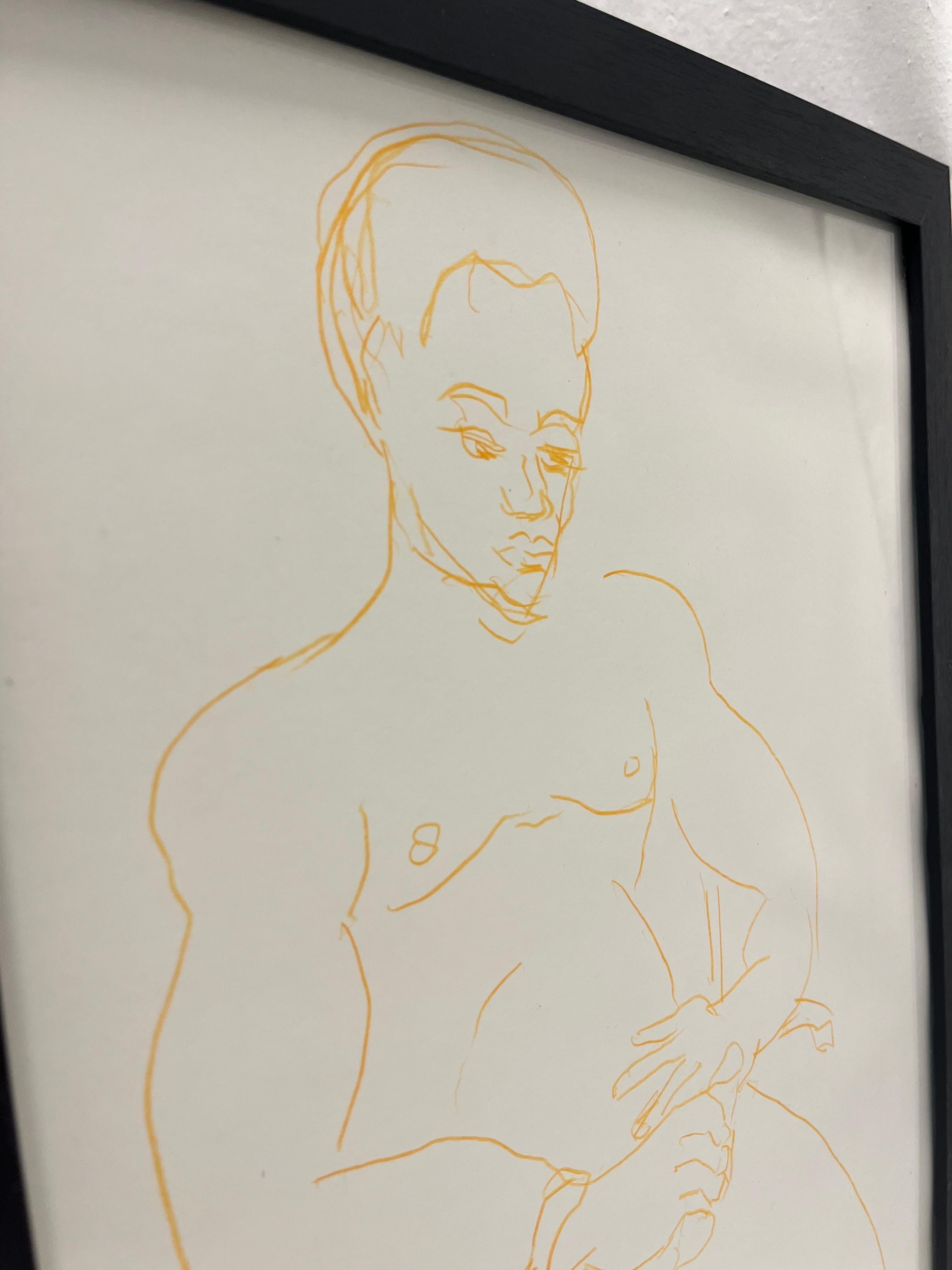 A late 1980's academic style nude male artist sketch or study of an African American man from a New York City estate in the Chelsea / West Village area. The work is done in a colored pencil medium on a heavy paper support, signed illegibly and