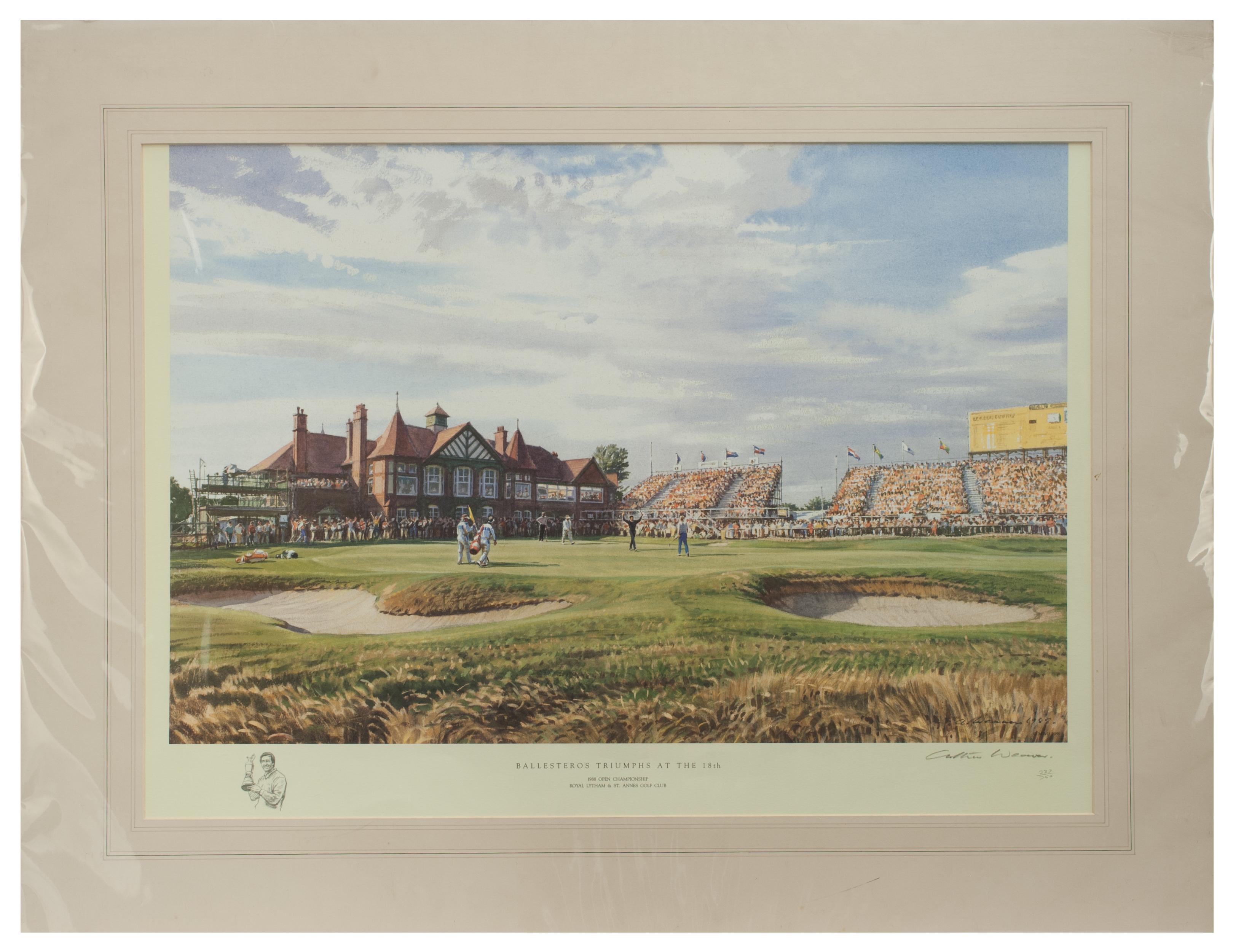 1988 open golf championship print by Arthur Weaver.
'Ballesteros triumphs at the 18th' by Arthur Weaver. A fine print of the winning moment depicting Seve Ballesteros at the 1988 Open Championship, Royal Lytham and St. Annes Golf Club. Seve