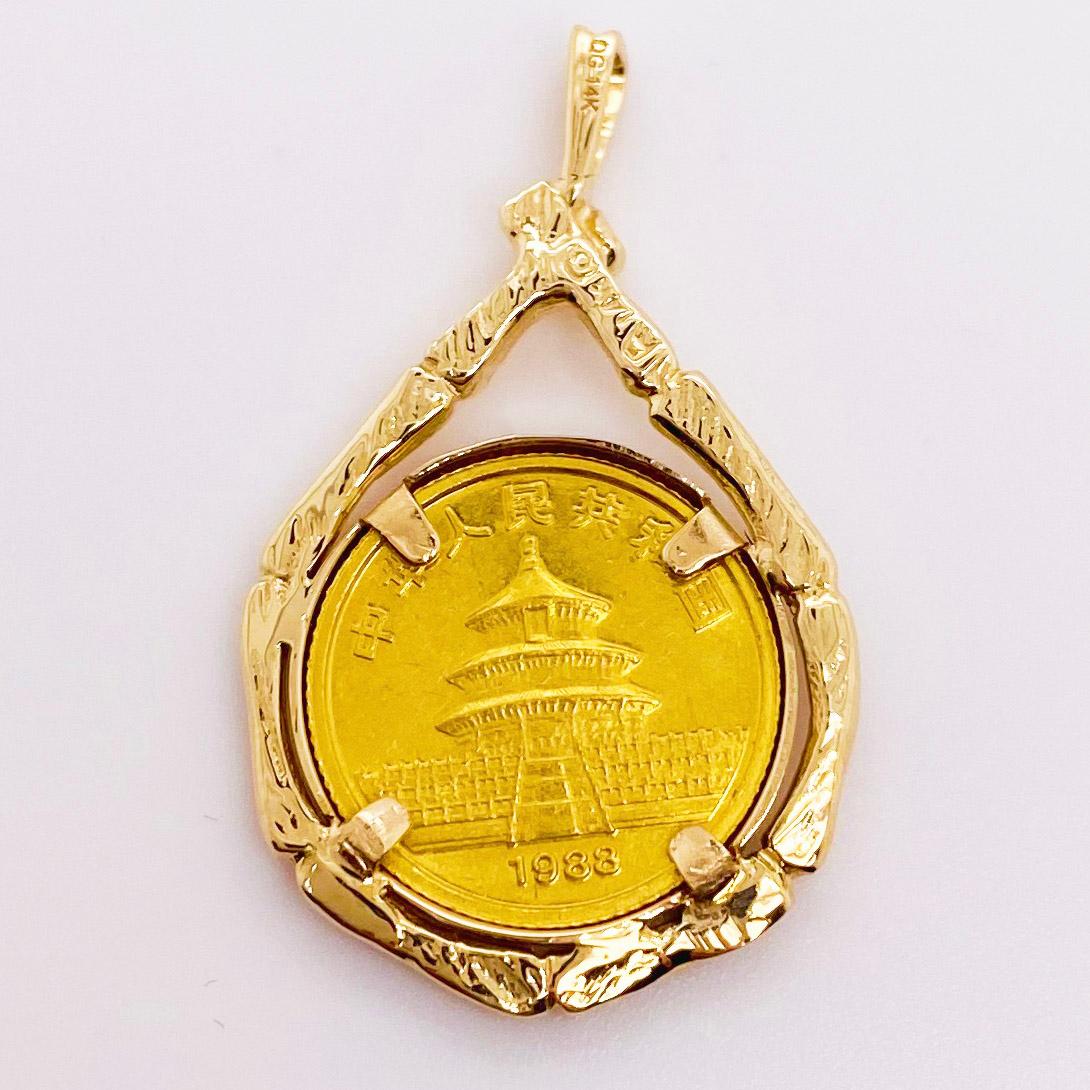 This authentic  1988 24 Karat Gold Panda Coin is 1/20th ounce and is a collector’s coin.  It. is set in a brilliant 14K yellow gold bamboo coin holder!  The coin is an authentic Chinese coin with a panda holding a branch on one side and the Beijing