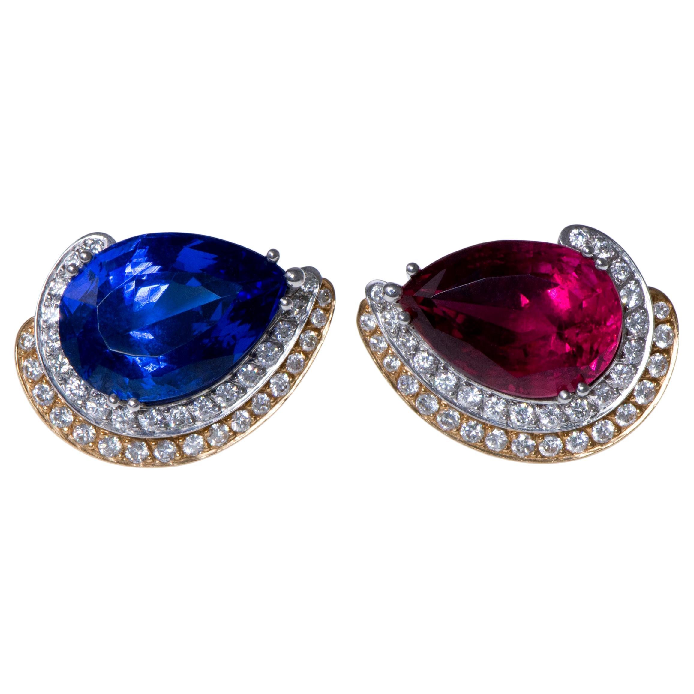 1988 Paul Binder, Rubellite, Tanzanite, Diamond and Gold Earclips