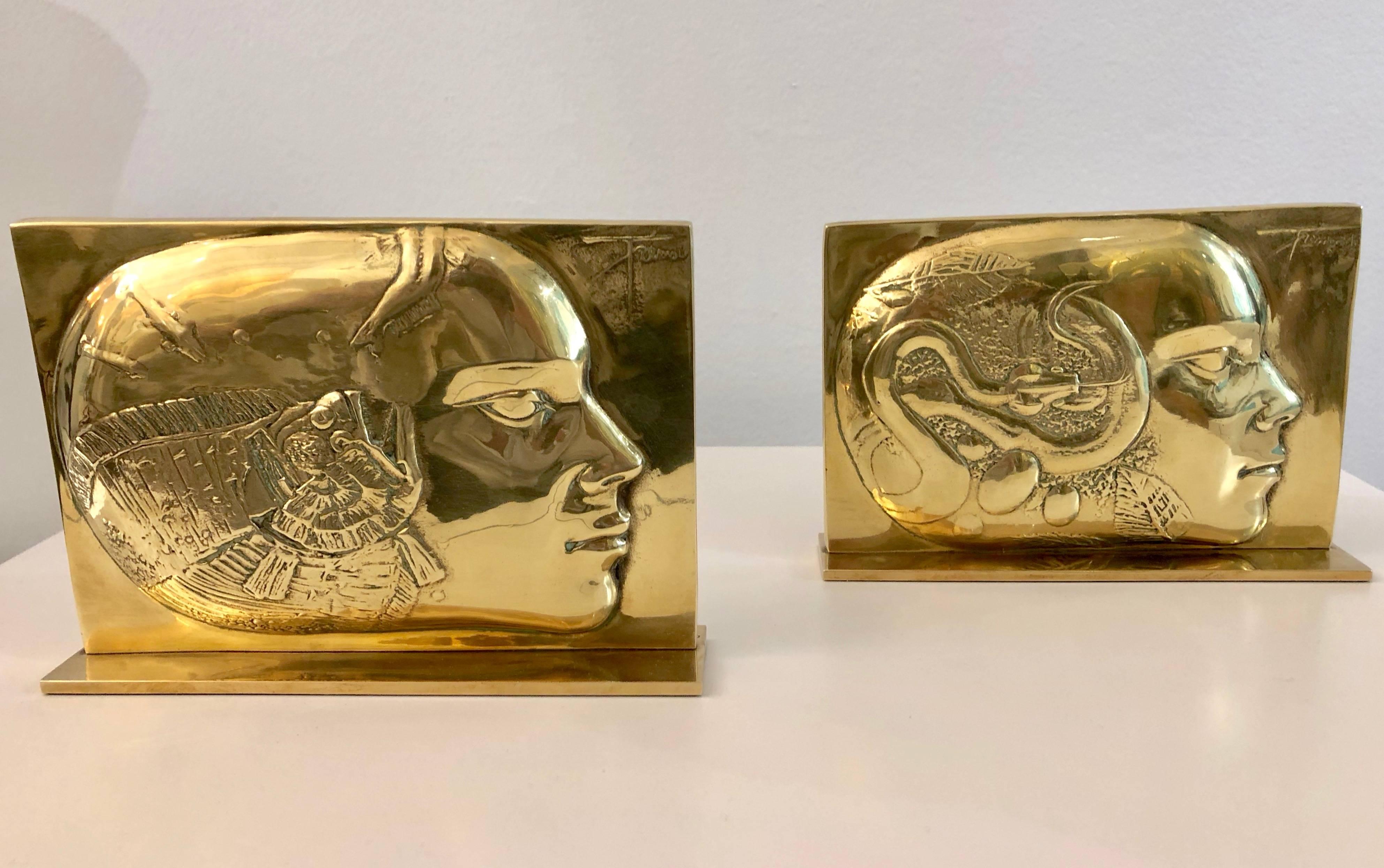 1988 Pierre-Yves Tremois French Pair of Gilt Bronze Sculpture Panel Bookends 6