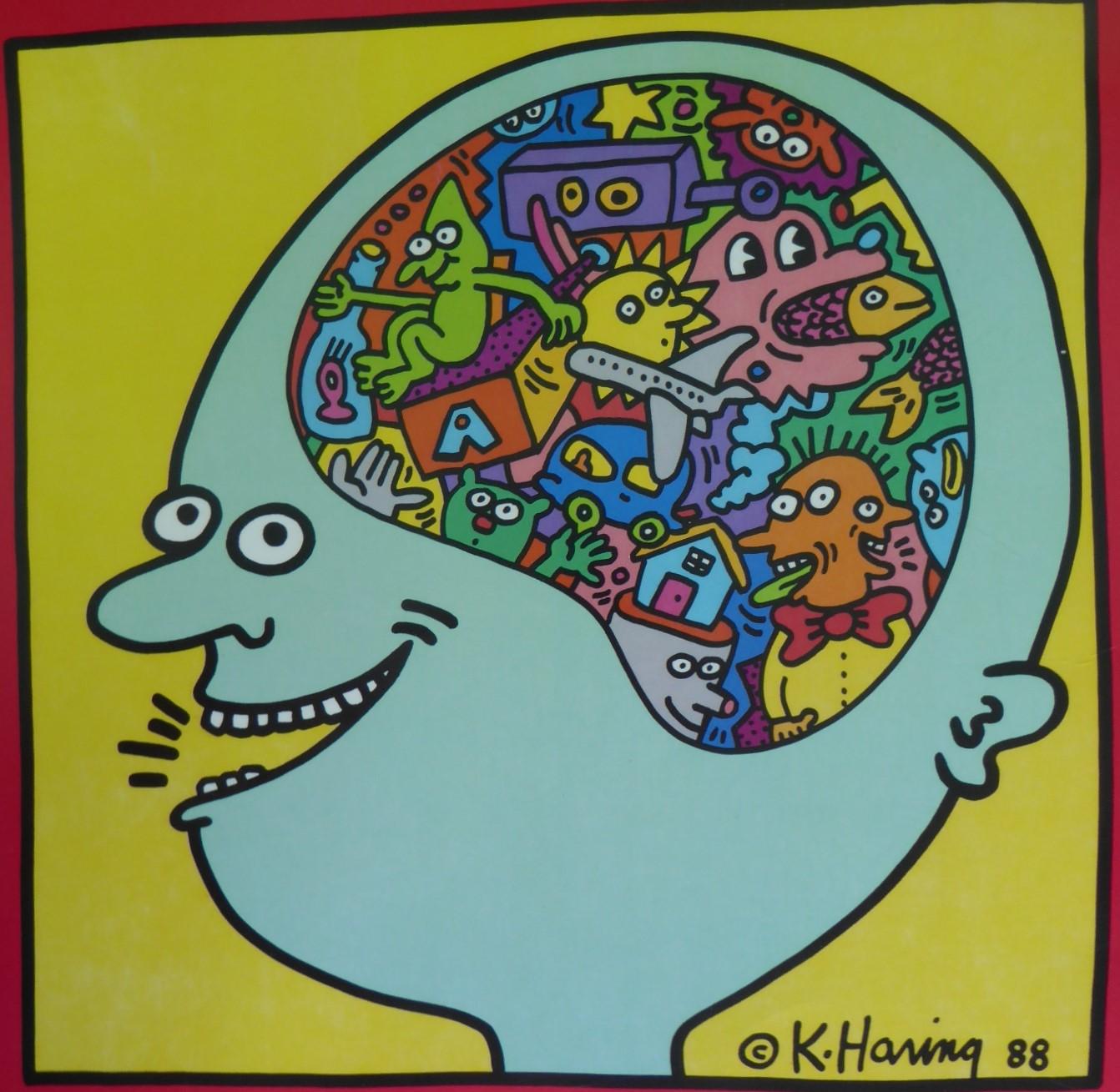 Vintage original Keith Haring illustrated Pop Art poster “Fill Your Head with Fun! Start Reading!”. Produced as a Public Service Message for the New York and New Jersey Public Library system in 1988 to promote literacy. Off-set lithograph with bold,