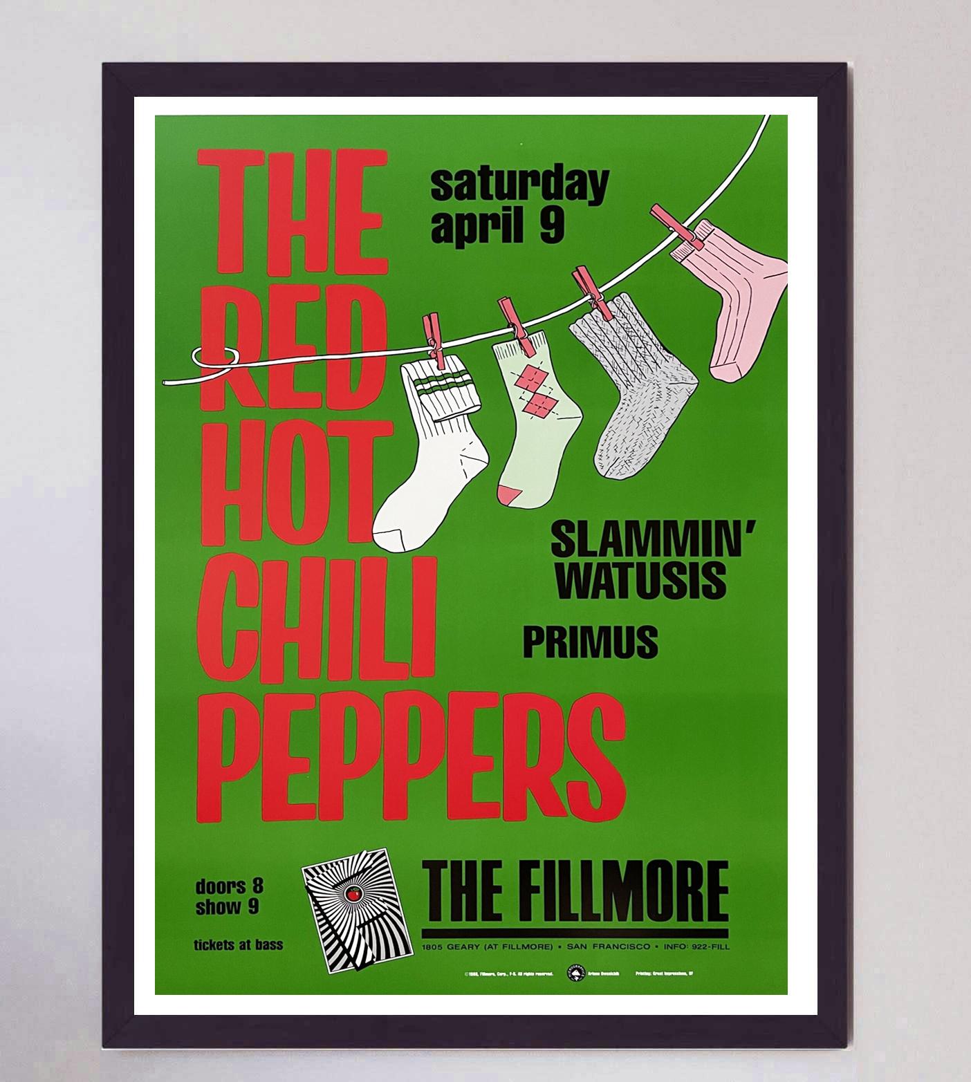 Designed by concert poster artist Arlene Owseichik, this beautiful poster was created in 1988 to promote a live concert of The Red Hot Chili Peppers at the world famous Fillmore in San Francisco. Events such as this were well known for their now