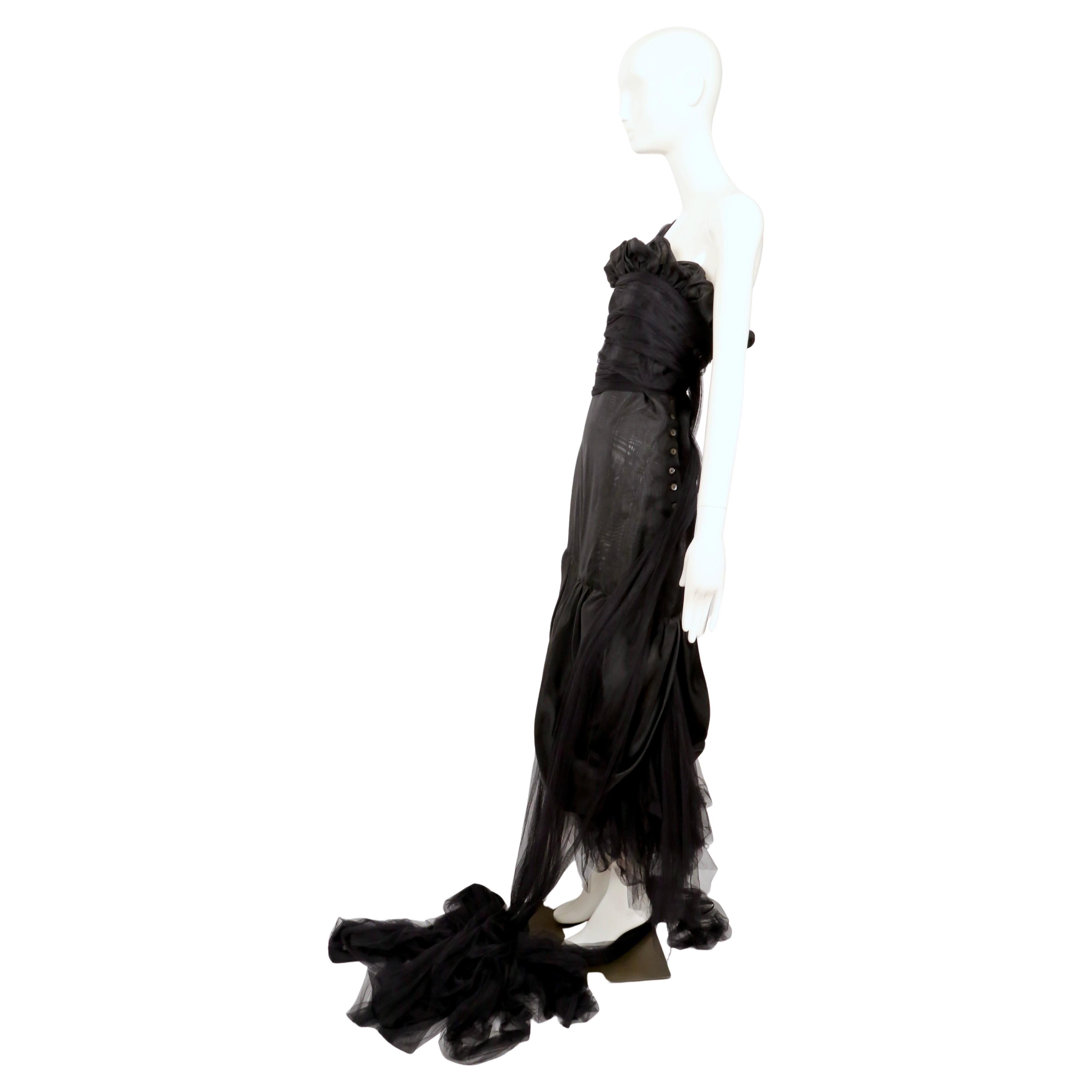 1988 Romeo Gigli black tulle gown with asymmetrical shoulder For Sale 6